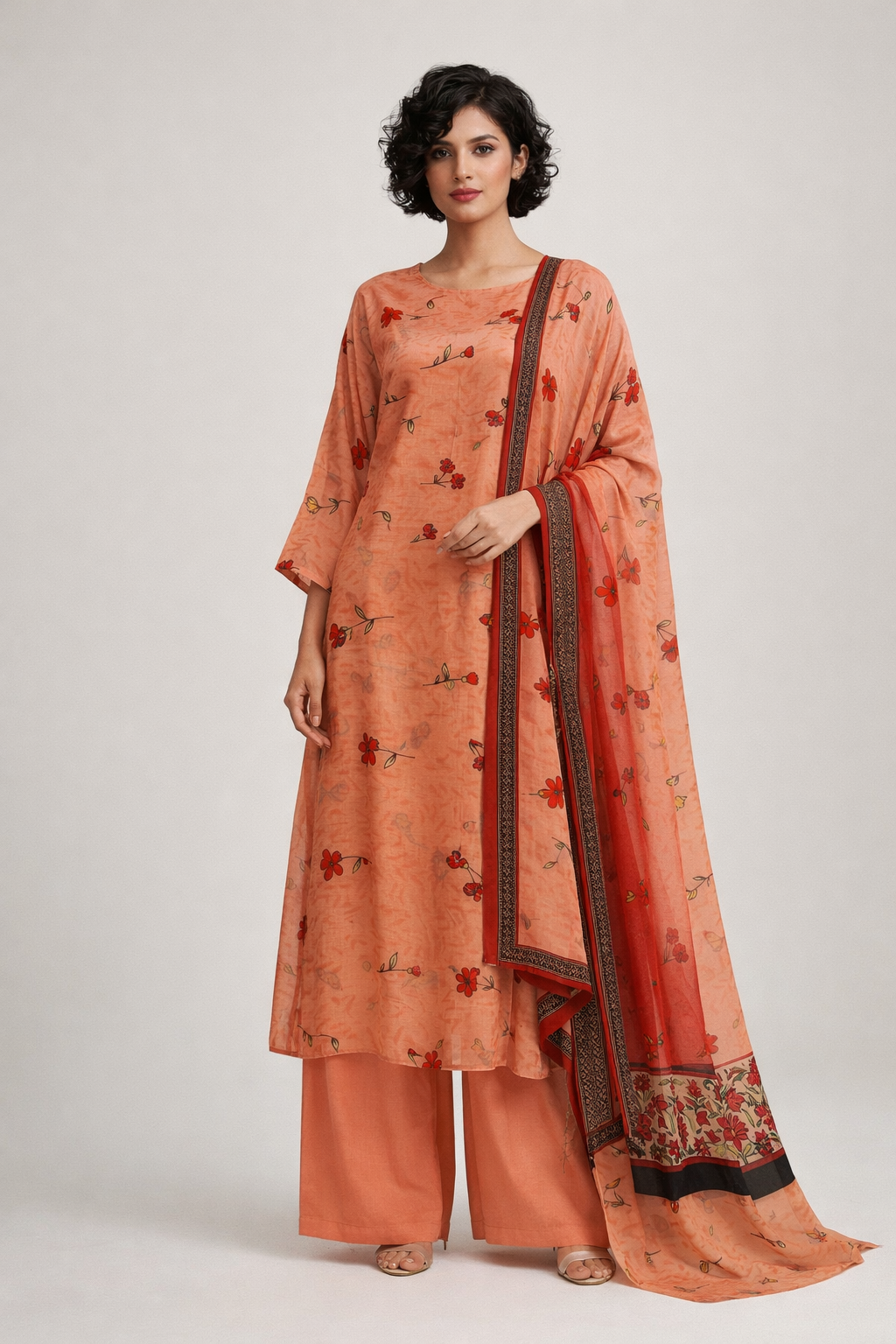 Unstitched 3pcs Lawn printed Collection Peach