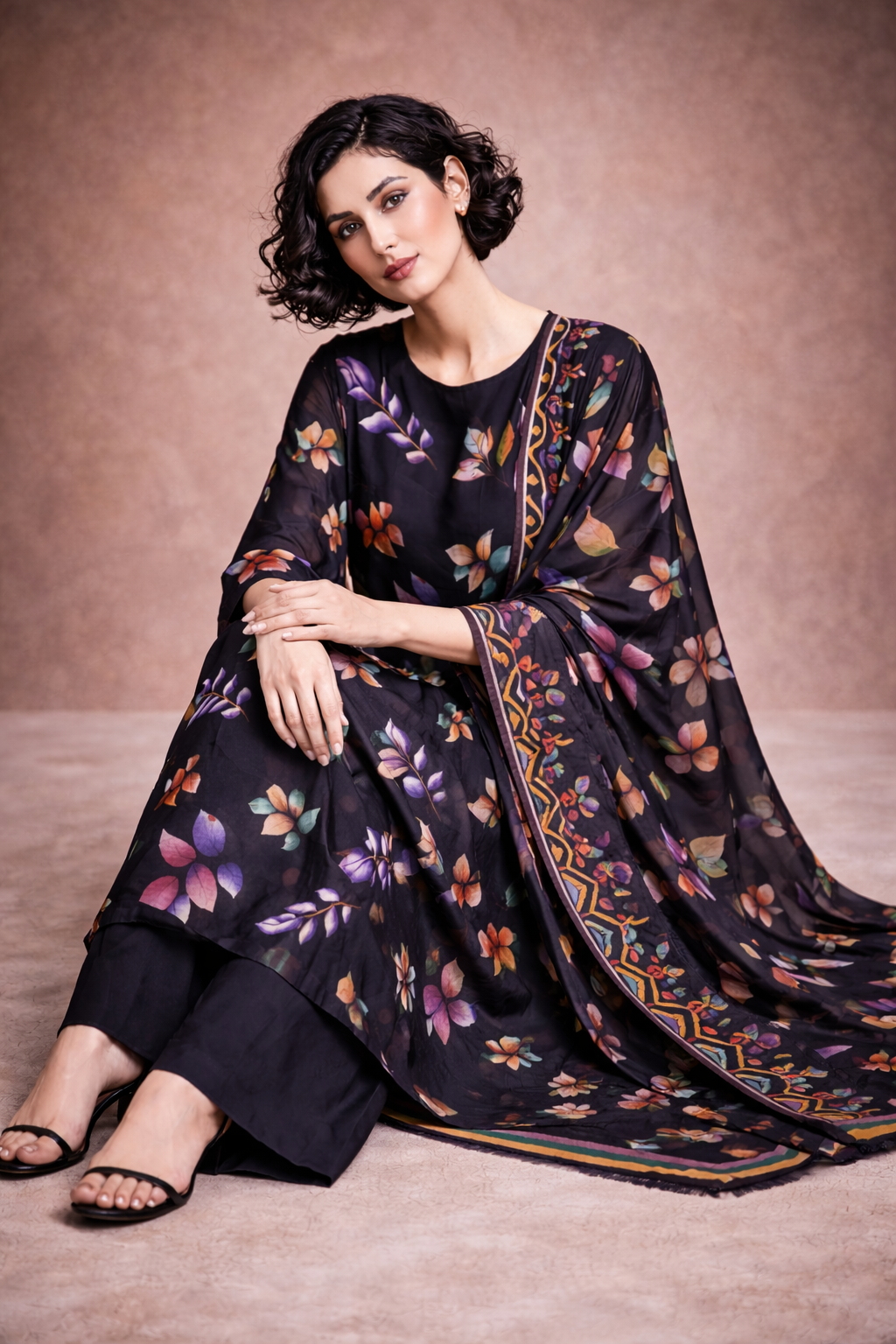 Unstitched 3pcs Lawn printed Collection black leaf