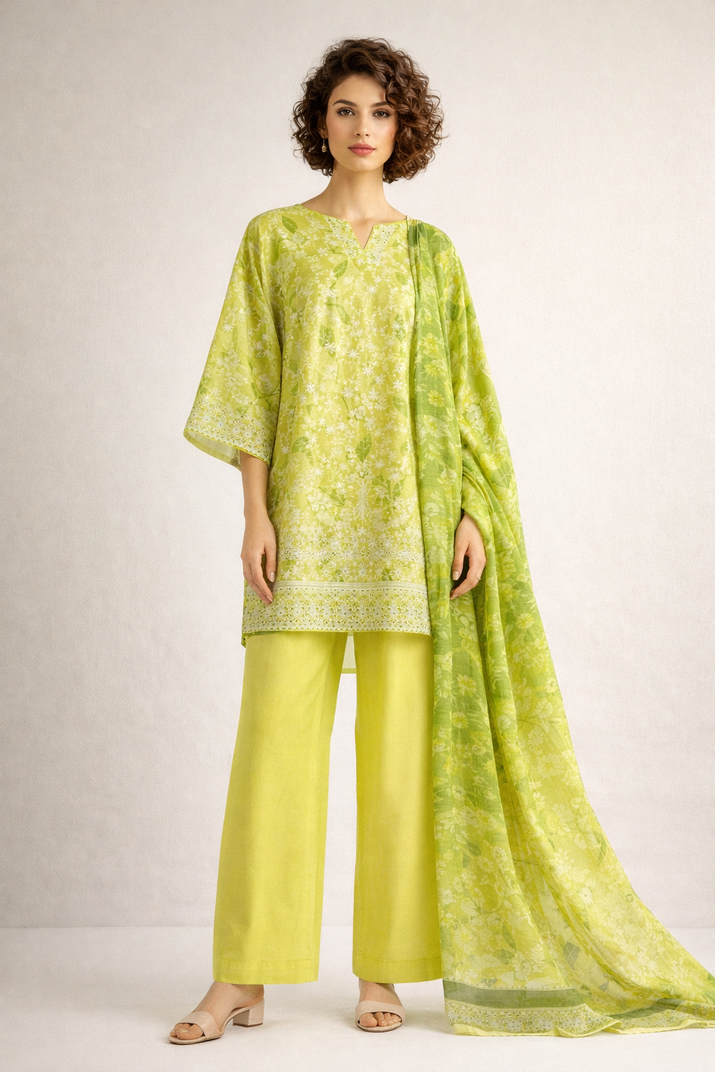 3pcs Lawn chicken kaari embroided  Collection Green