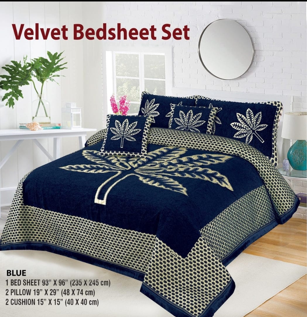 5 Piece leaf Style Velvet Jacaurd BedSheet Set