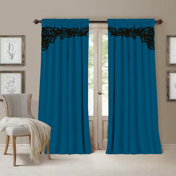 2 Pc's Luxury Velvet Embroidered Curtains With 2 Belts