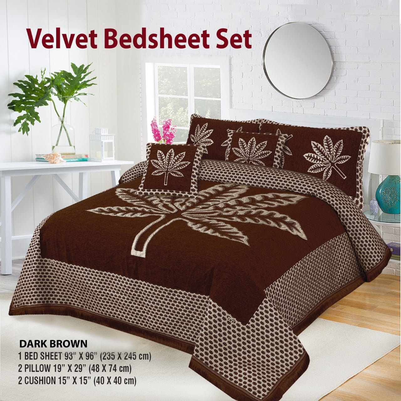5 Piece leaf Style Velvet Jacaurd BedSheet Set