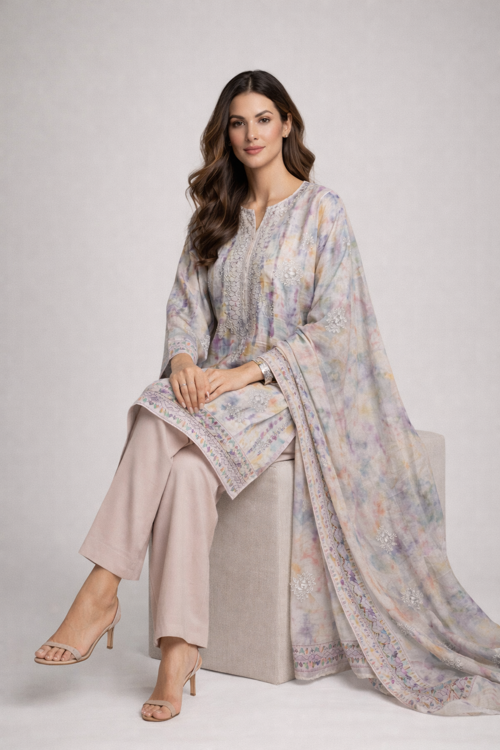 3pcs Lawn chicken kaari embroided  Collection Rainbow