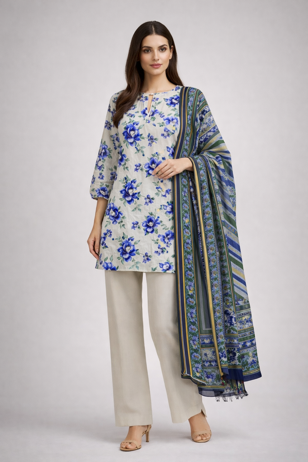 Unstitched 3pcs Lawn printed Collection white blue flower