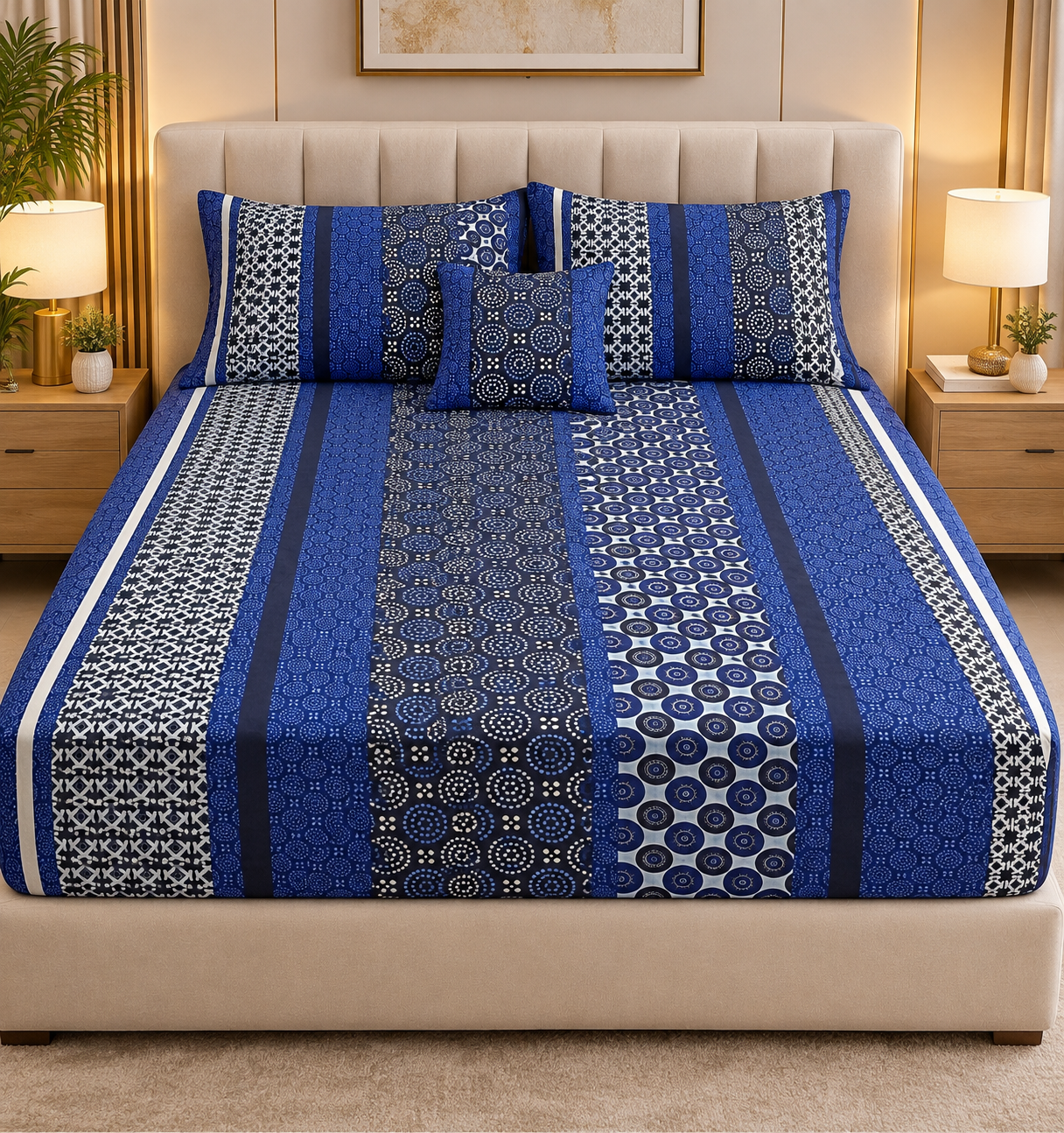 Fitted Pure Cotton Bedsheet  blue lining