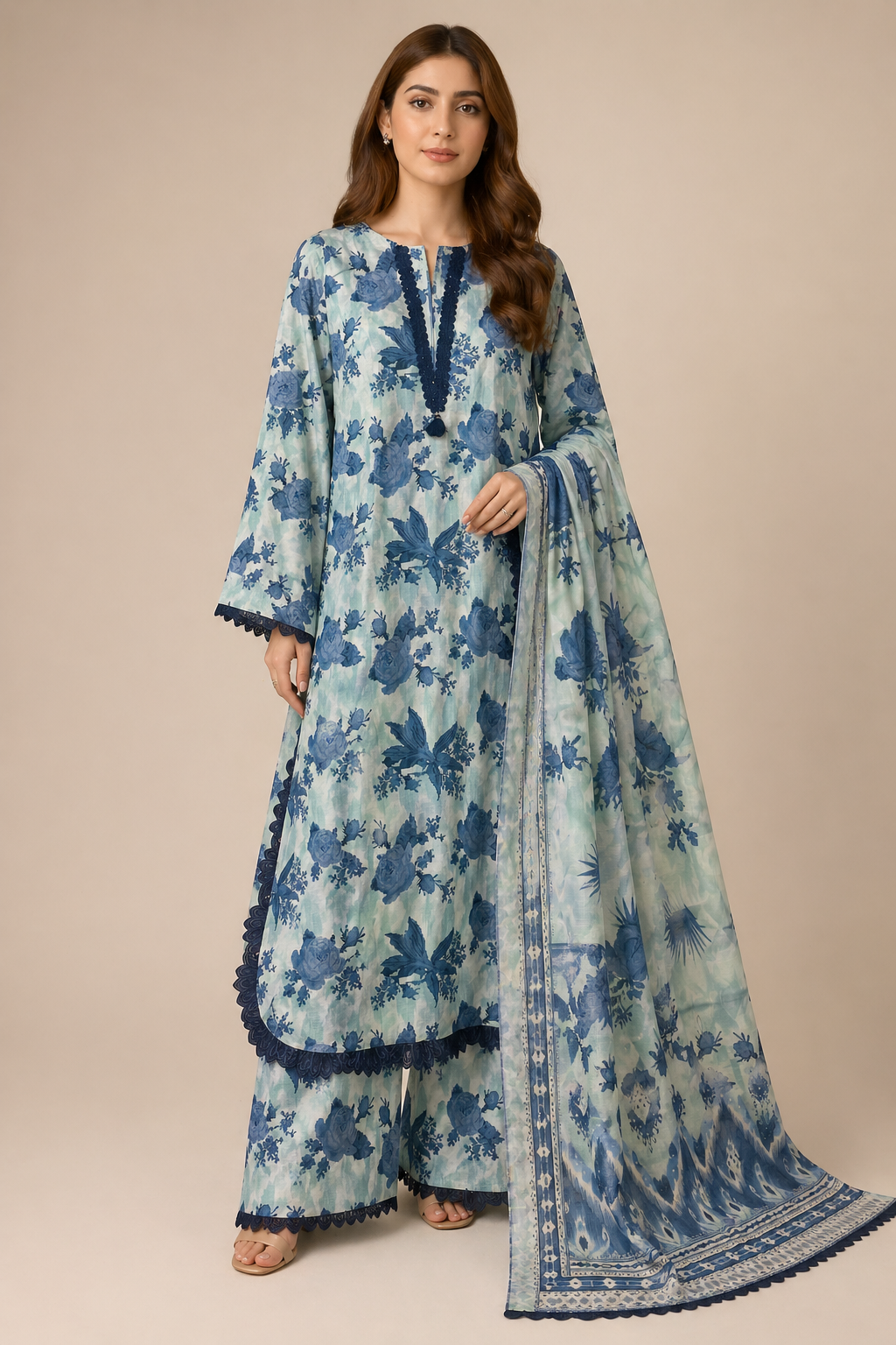 stitched 3pcs Lawn printed Collection Blue