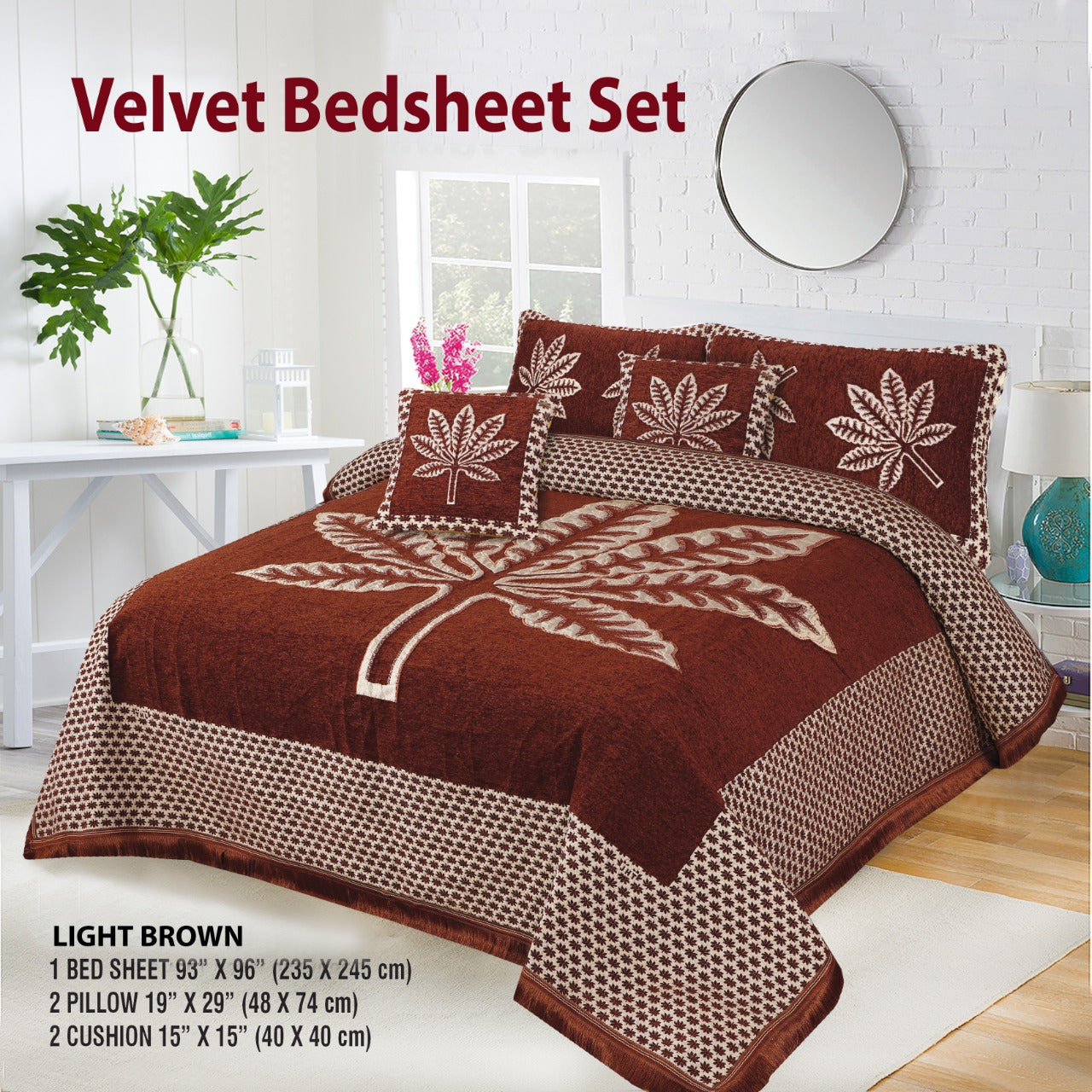 5 Piece leaf Style Velvet Jacaurd BedSheet Set