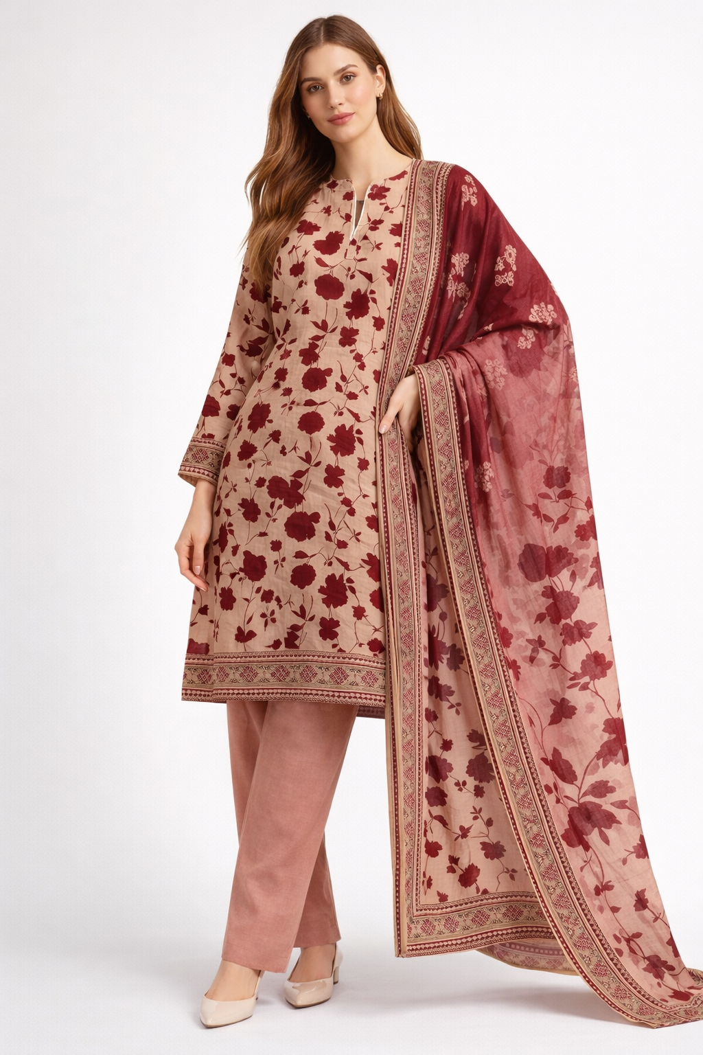 Unstitched 3pcs Lawn printed Collection Peach