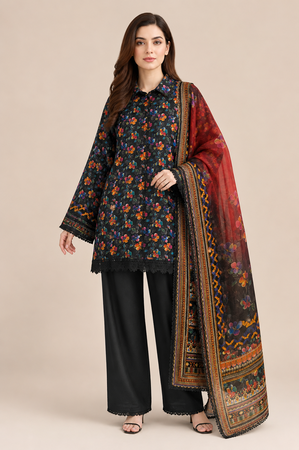 stitched 3pcs Lawn printed Collection Black