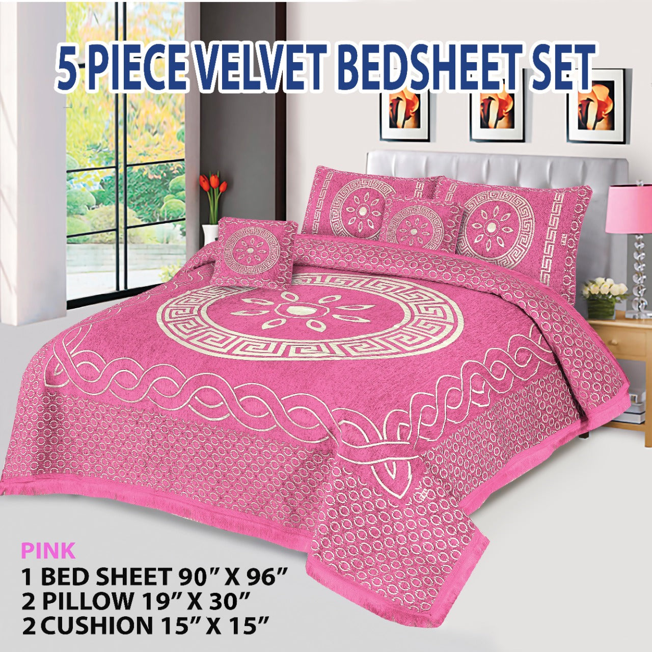 5 Piece orbit Style Velvet Jacaurd BedSheet Set