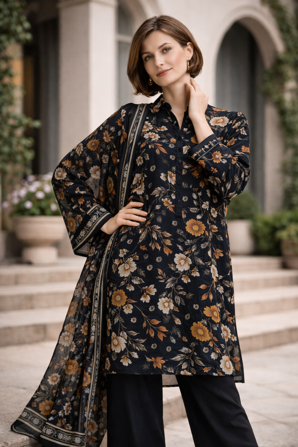 Unstitched 3pcs Lawn printed Collection Black