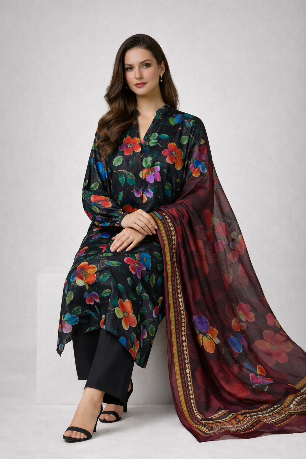 Unstitched 3pcs Lawn printed Collection black flower