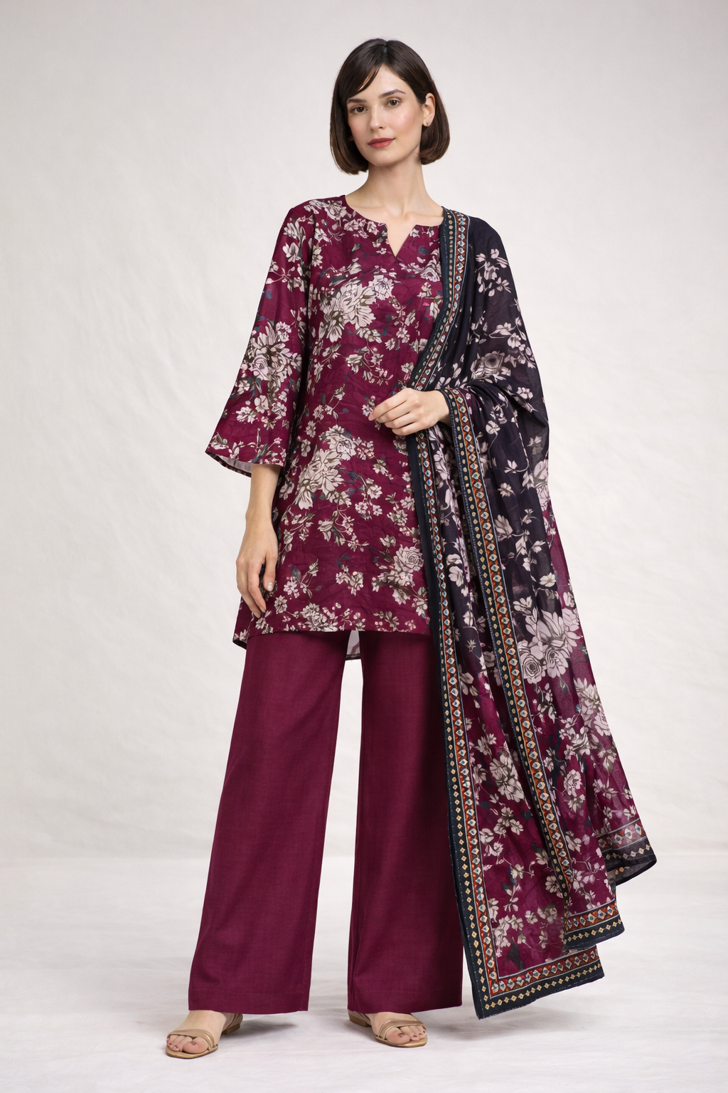 Unstitched 3pcs Lawn printed Collection Mehroon