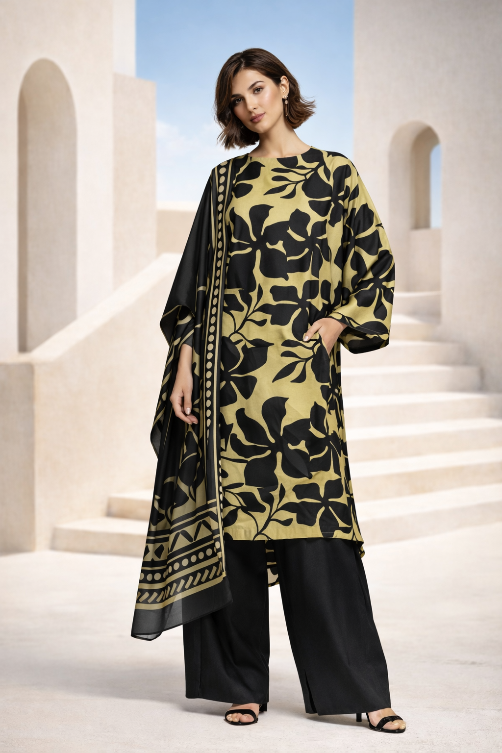 Unstitched 3pcs Lawn printed Collection Greenish Black