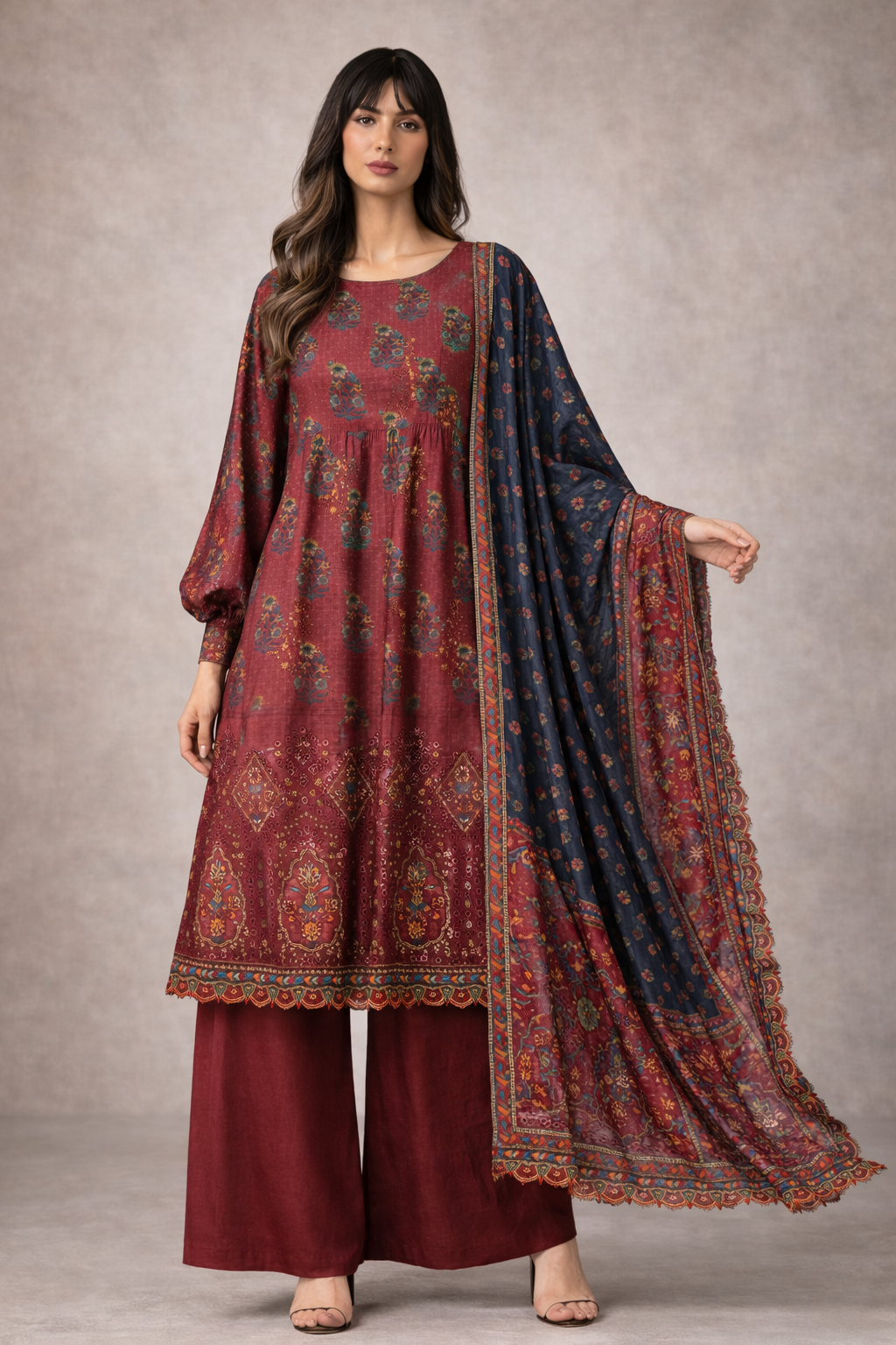 3pcs Lawn chicken kaari  embroided  Collection mehroon