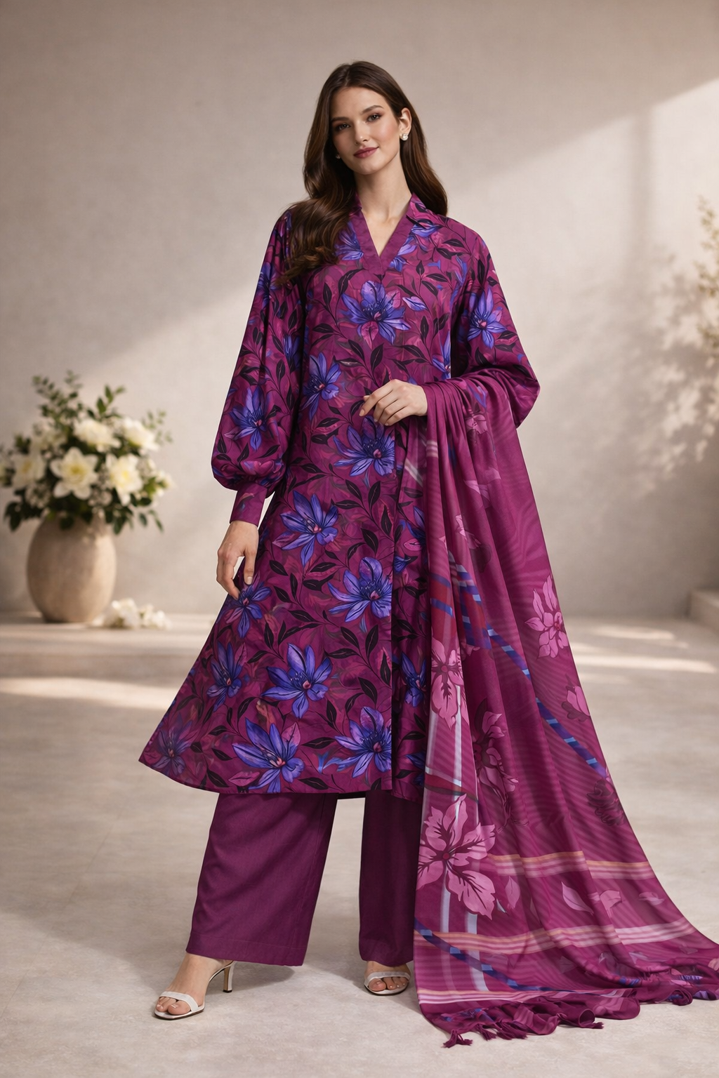Unstitched 3pcs Lawn printed Collection purple