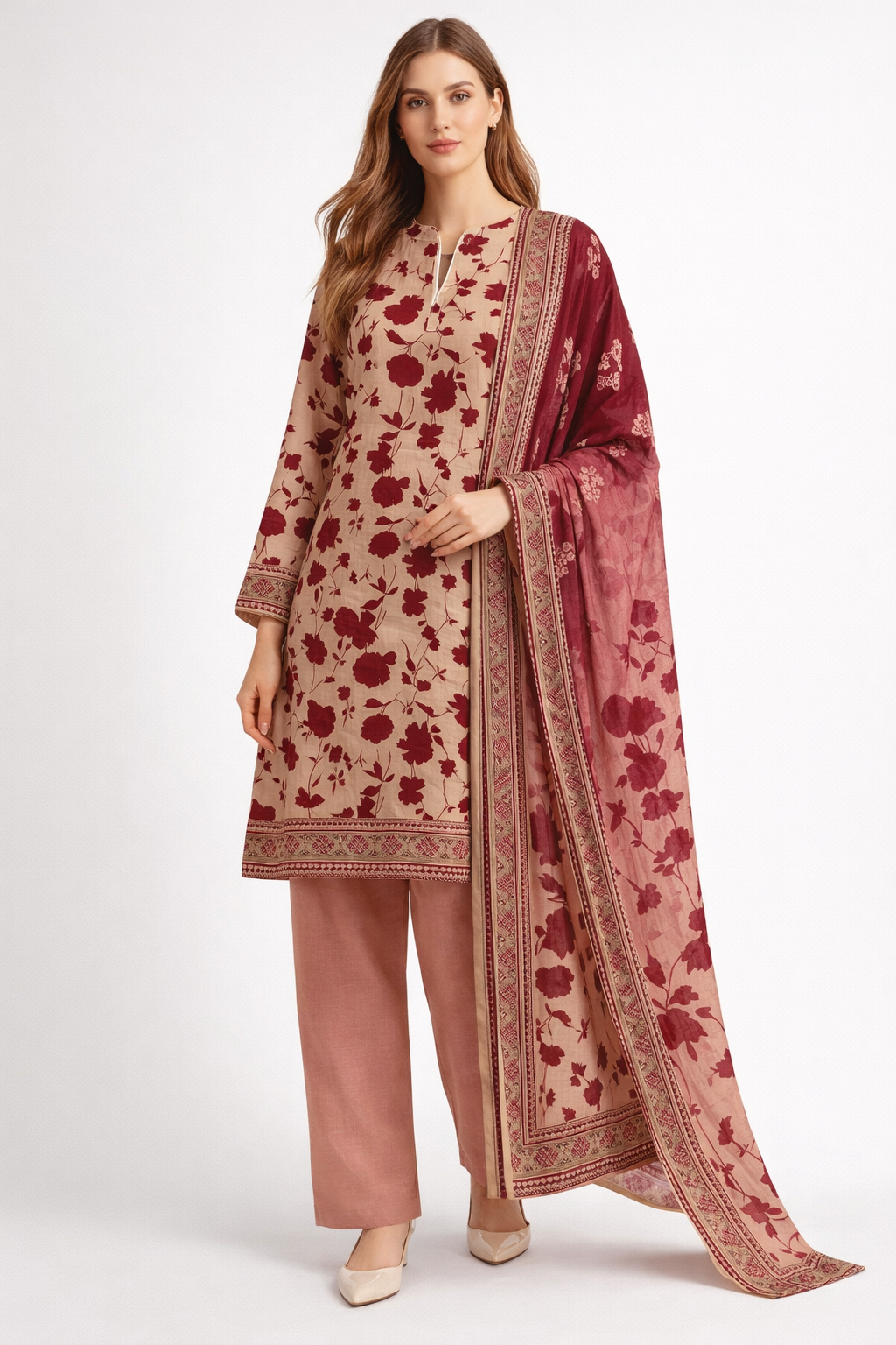 Unstitched 3pcs Lawn printed Collection Peach