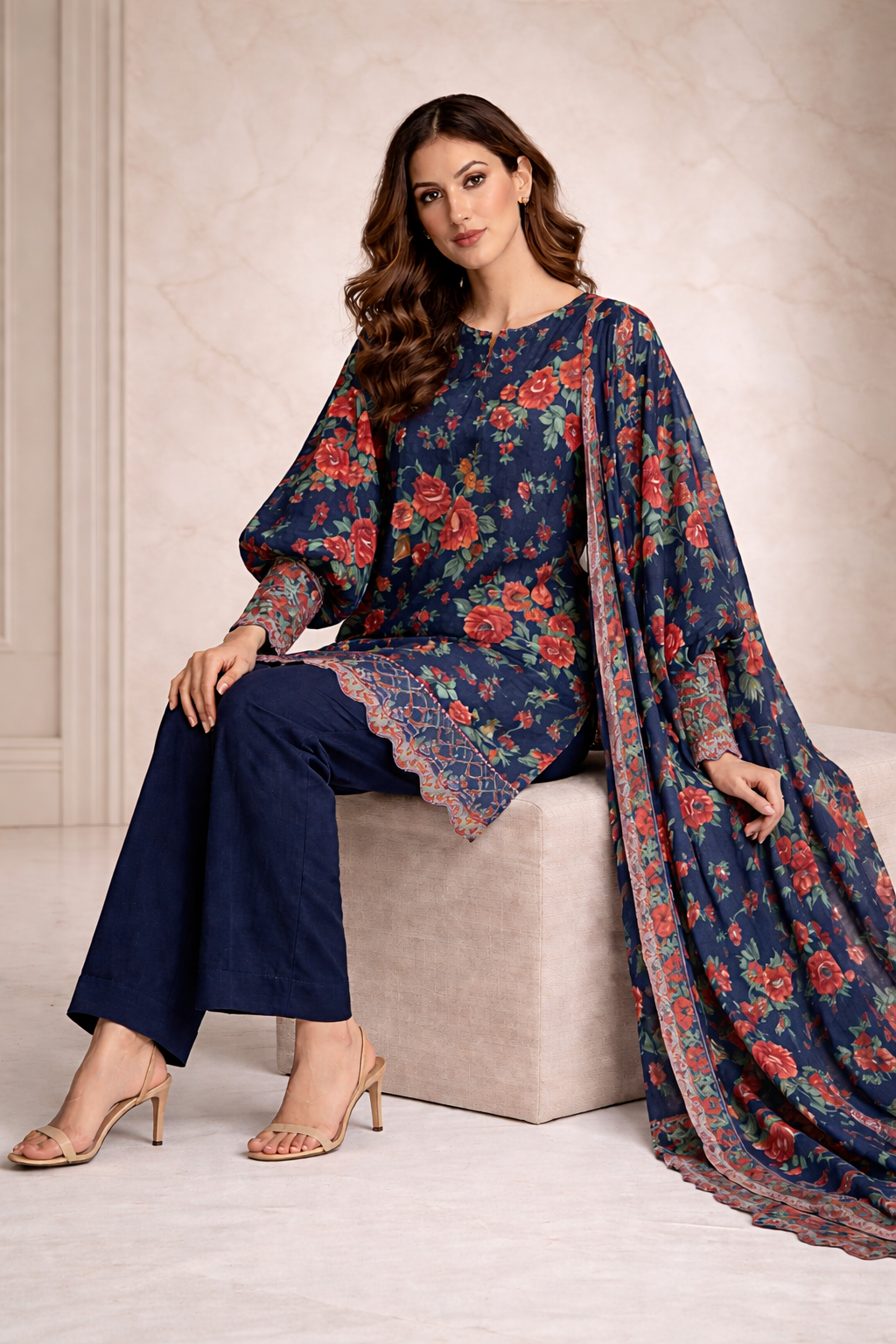 3pcs Lawn chicken kaari  embroided  Collection Blue