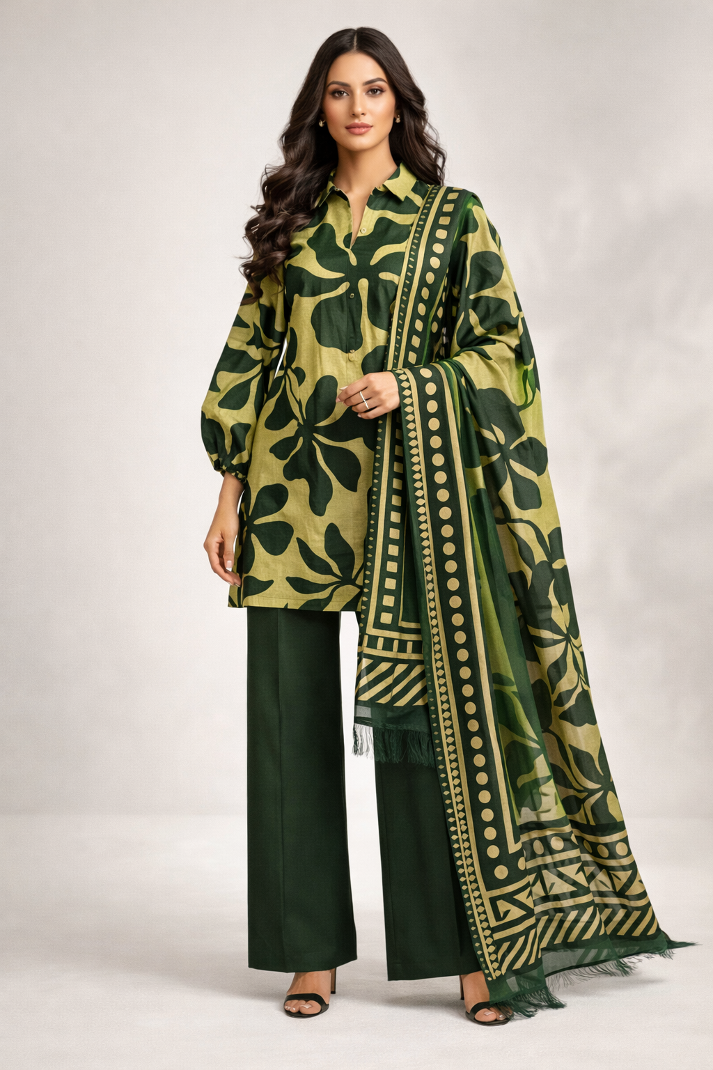 Unstitched 3pcs Lawn printed Collection Green