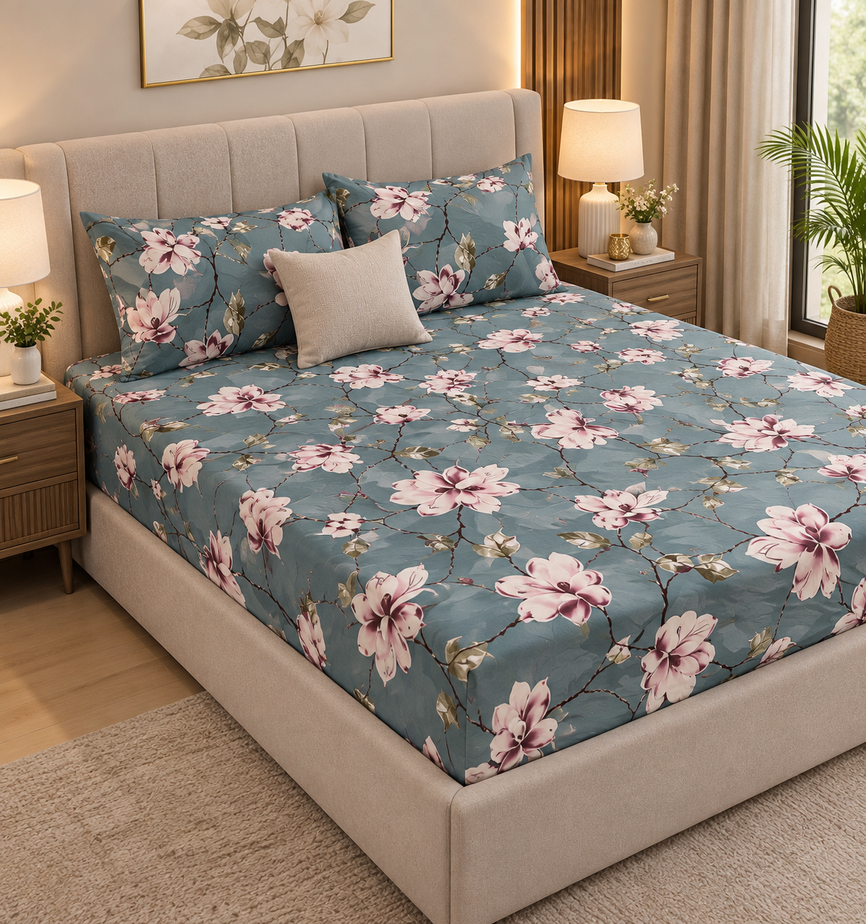 Fitted Pure Cotton Bedsheet  Gray Flower Tex
