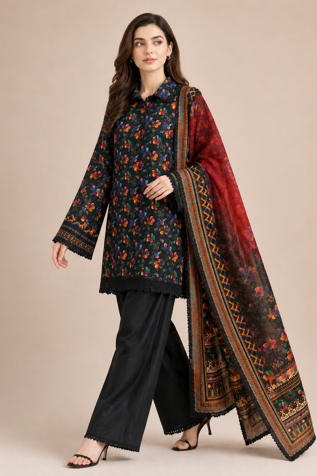 stitched 3pcs Lawn printed Collection Black