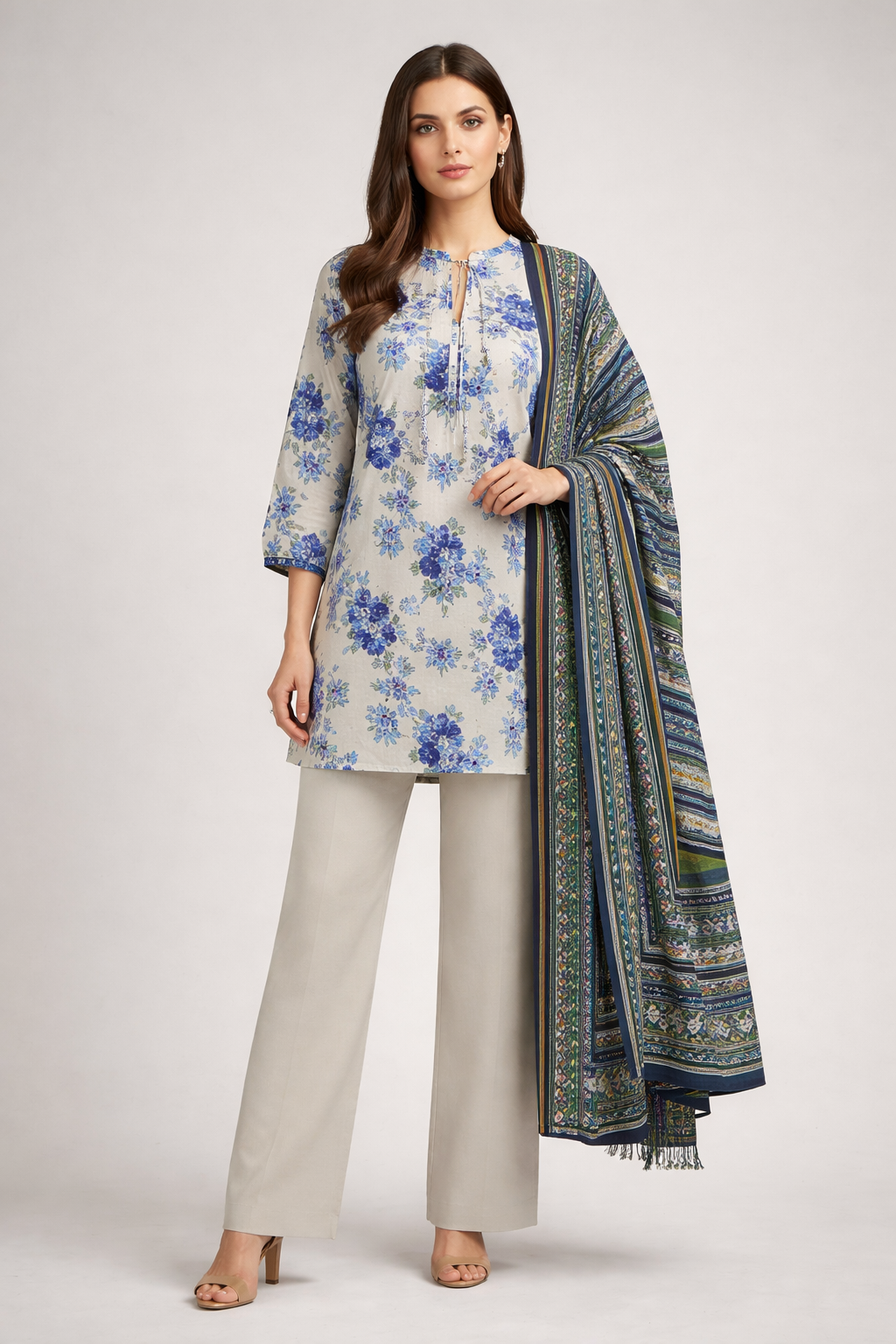 Unstitched 3pcs Lawn printed Collection white blue flower