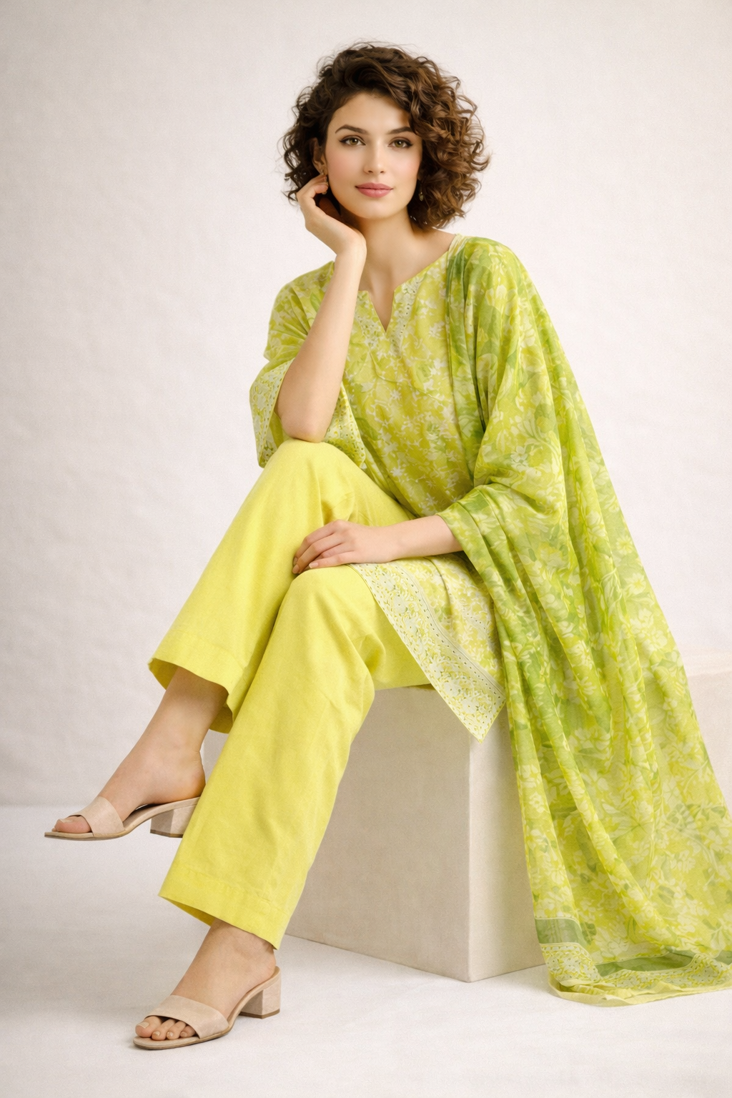 3pcs Lawn chicken kaari embroided  Collection Green