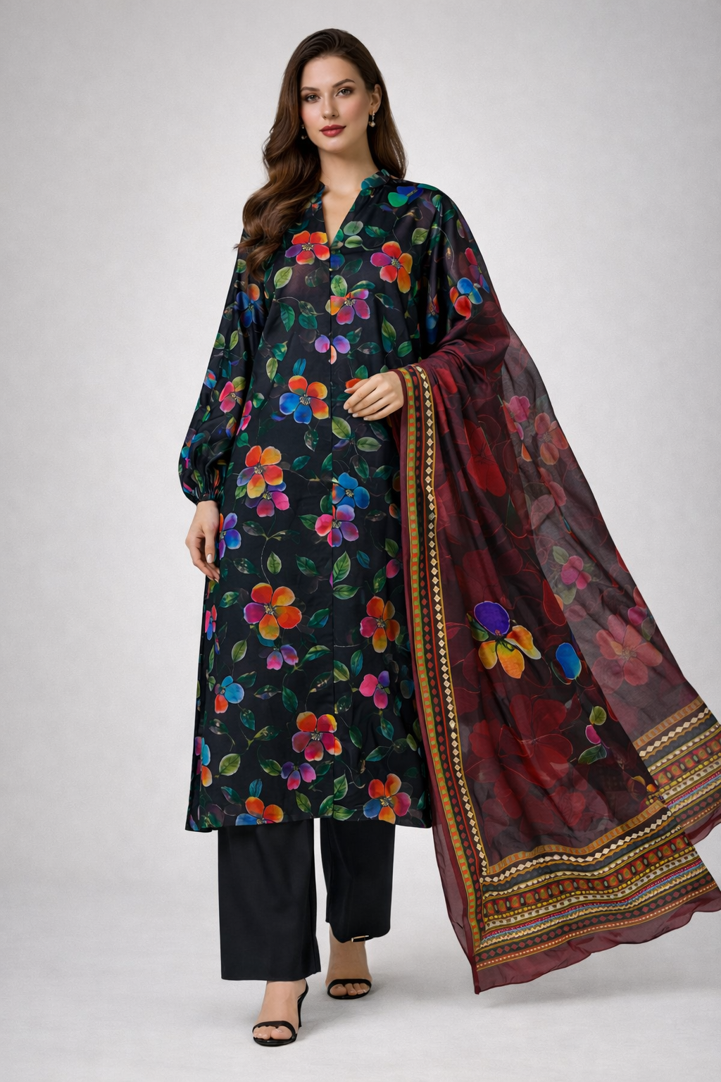 Unstitched 3pcs Lawn printed Collection black flower