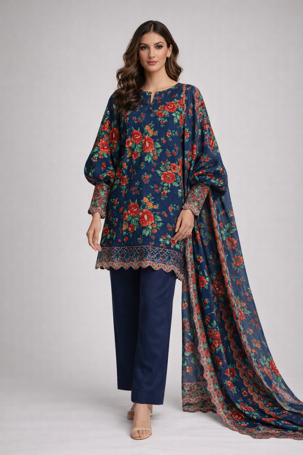 3pcs Lawn chicken kaari  embroided  Collection Blue
