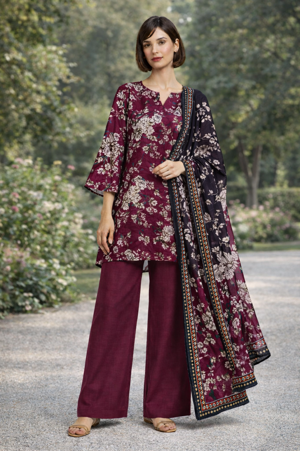 Unstitched 3pcs Lawn printed Collection Mehroon