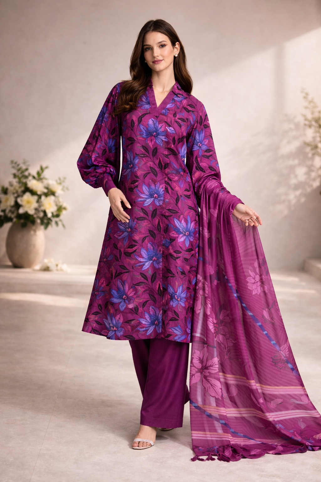 Unstitched 3pcs Lawn printed Collection purple