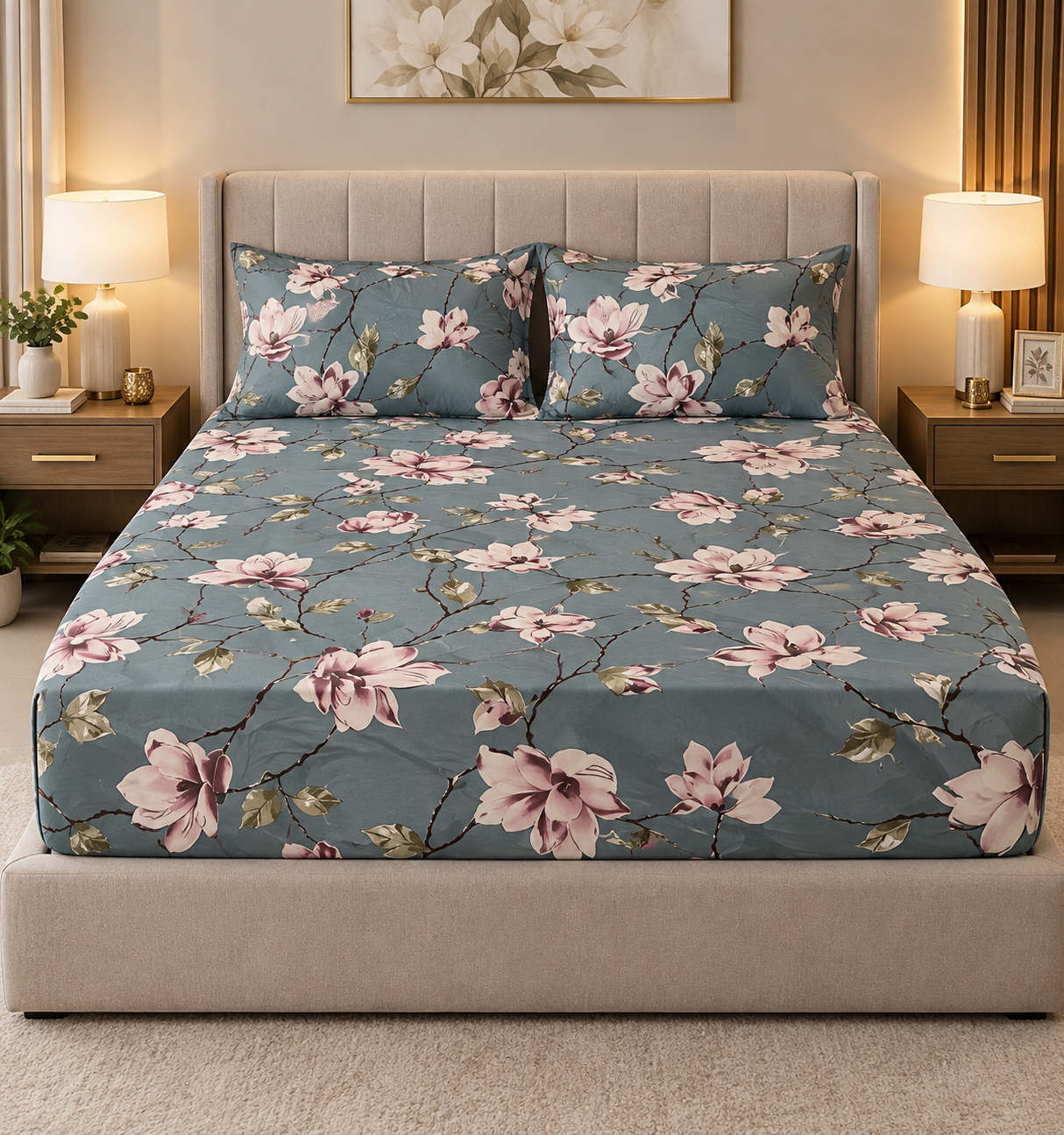 Fitted Pure Cotton Bedsheet  Gray Flower Tex