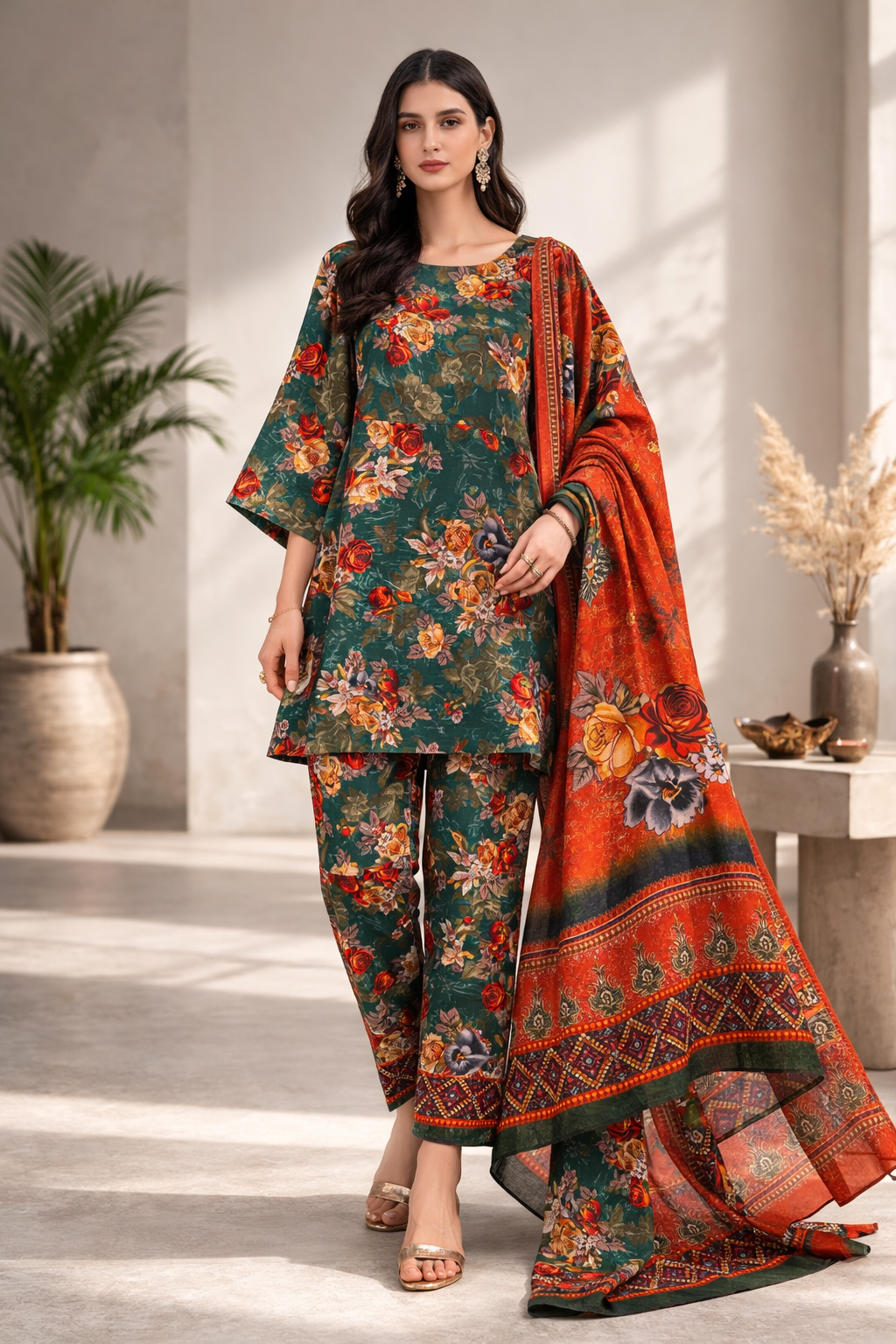 Unstitched 3pcs Lawn printed Collection green