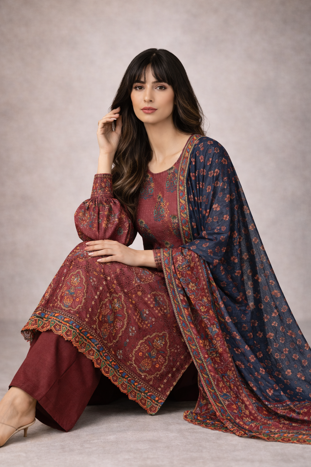 3pcs Lawn chicken kaari  embroided  Collection mehroon