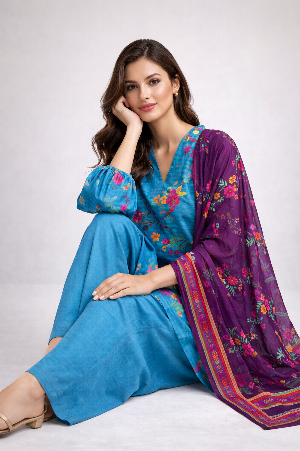 Unstitched 3pcs Lawn printed Collection blue