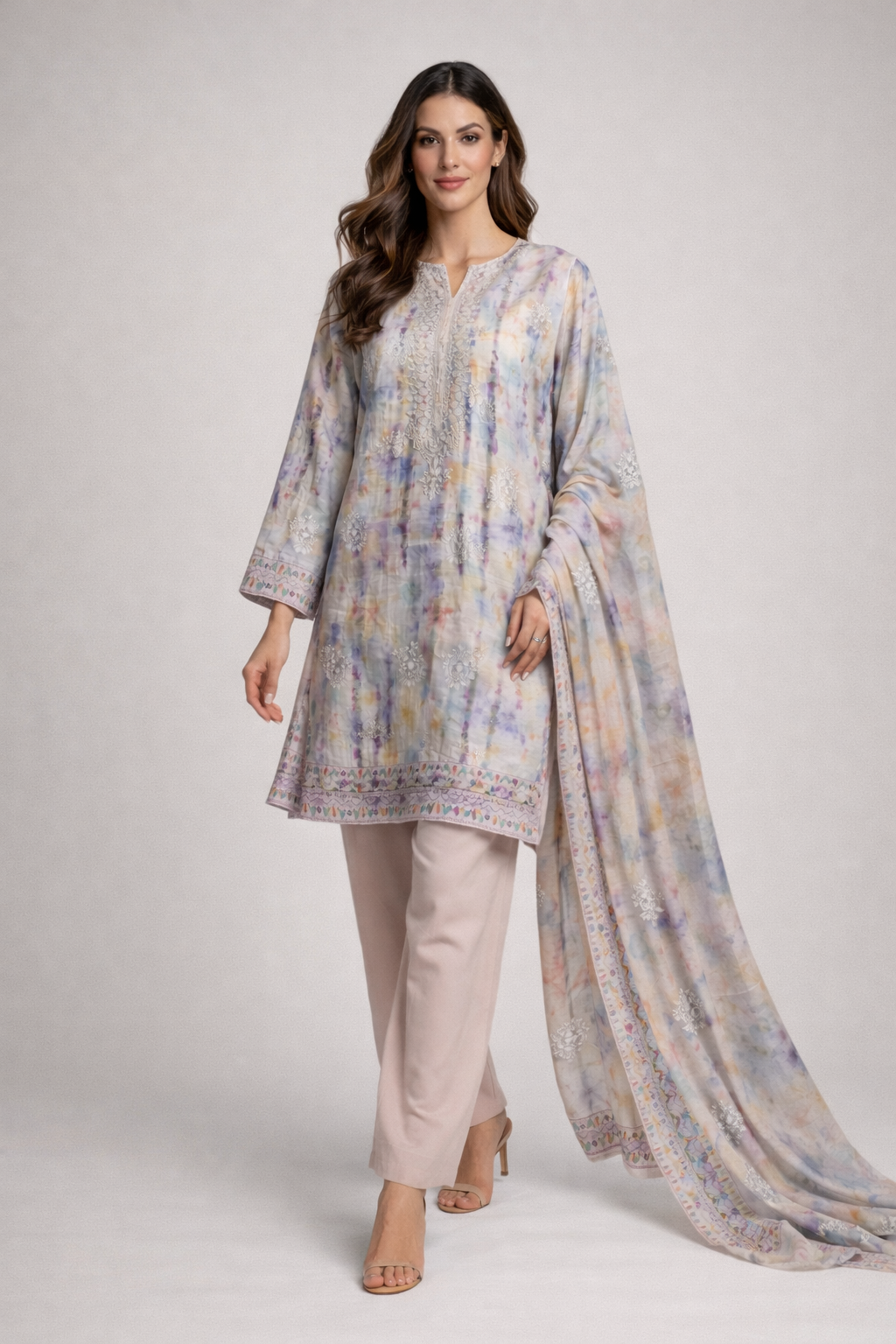 3pcs Lawn chicken kaari embroided  Collection Rainbow