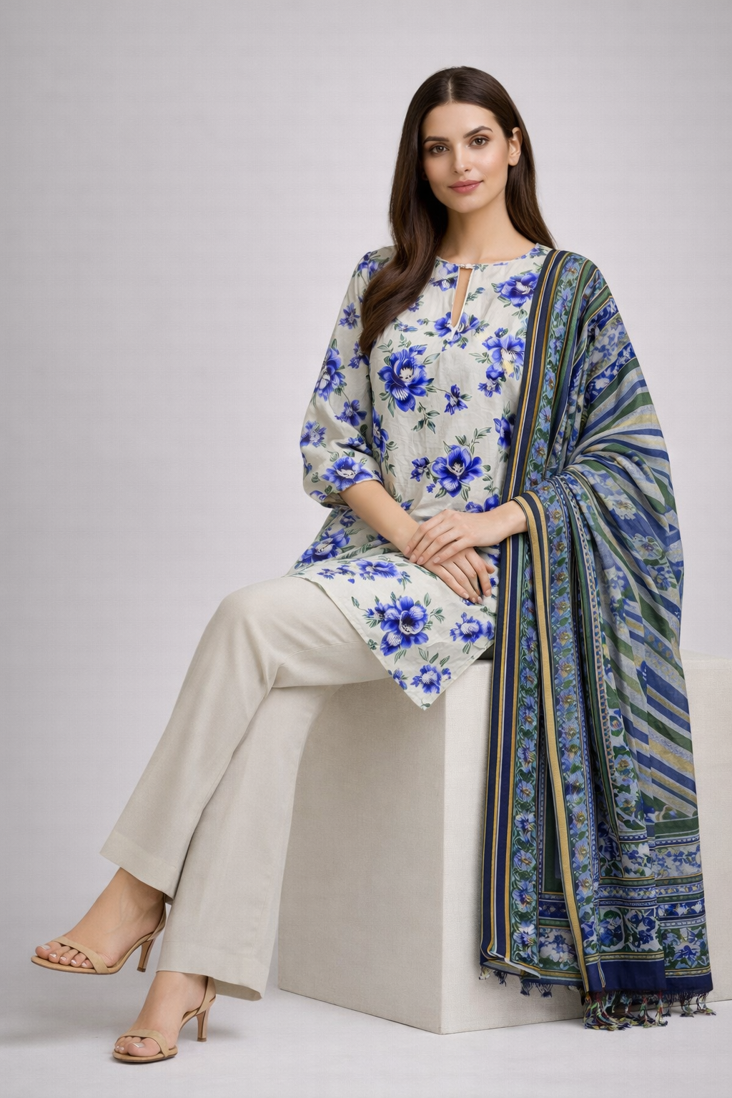 Unstitched 3pcs Lawn printed Collection white blue flower