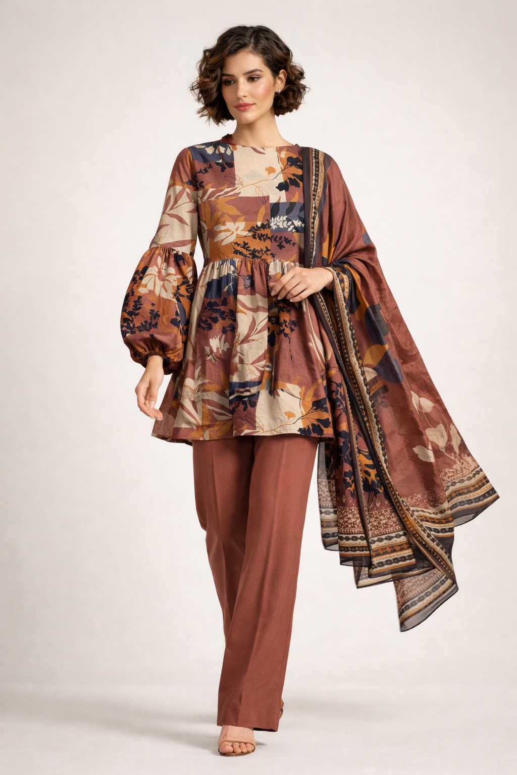 Unstitched 3pcs Lawn printed Collection rust brown