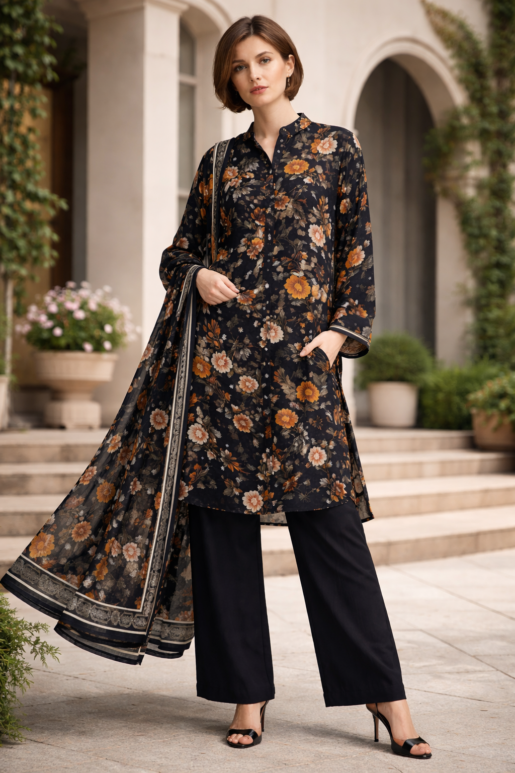 Unstitched 3pcs Lawn printed Collection Black