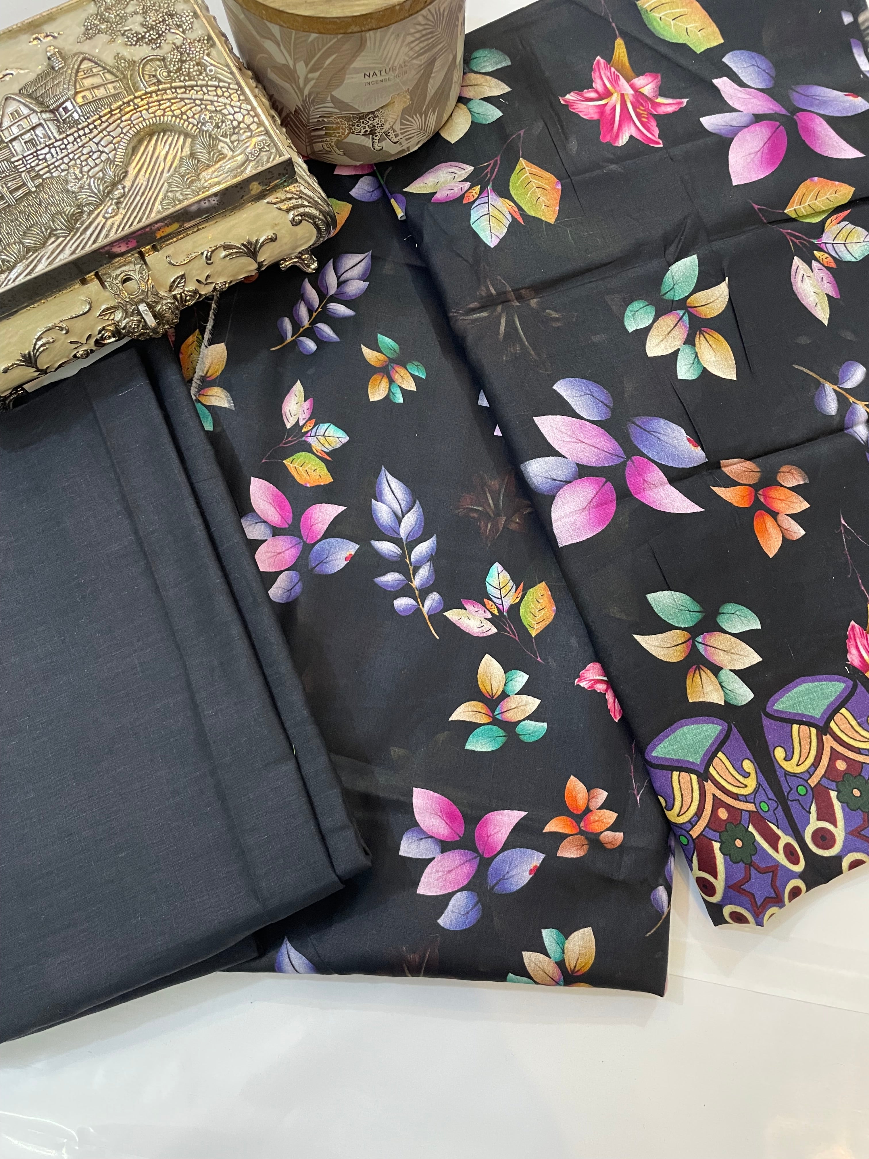 Unstitched 3pcs Lawn printed Collection black leaf