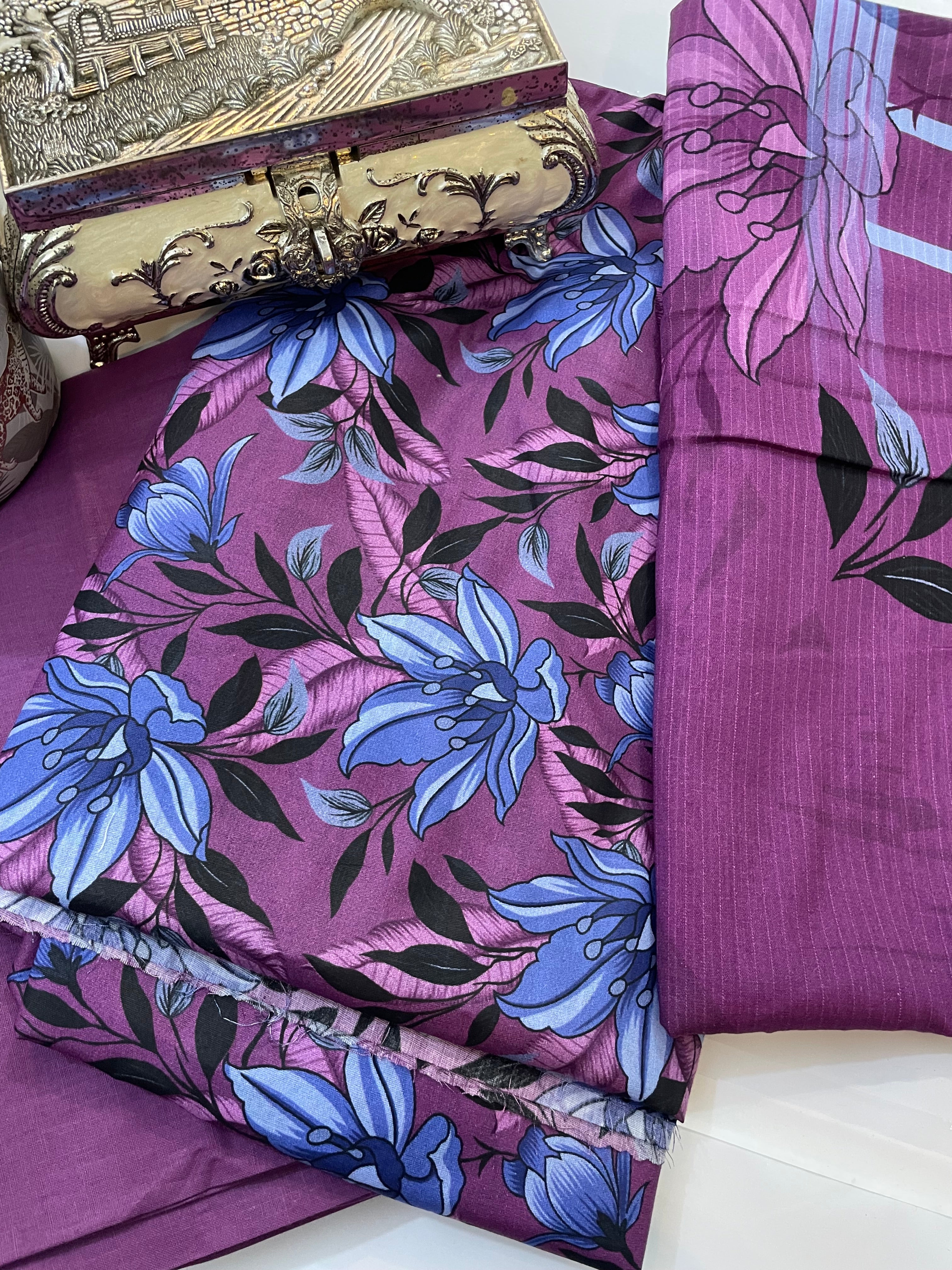 Unstitched 3pcs Lawn printed Collection purple