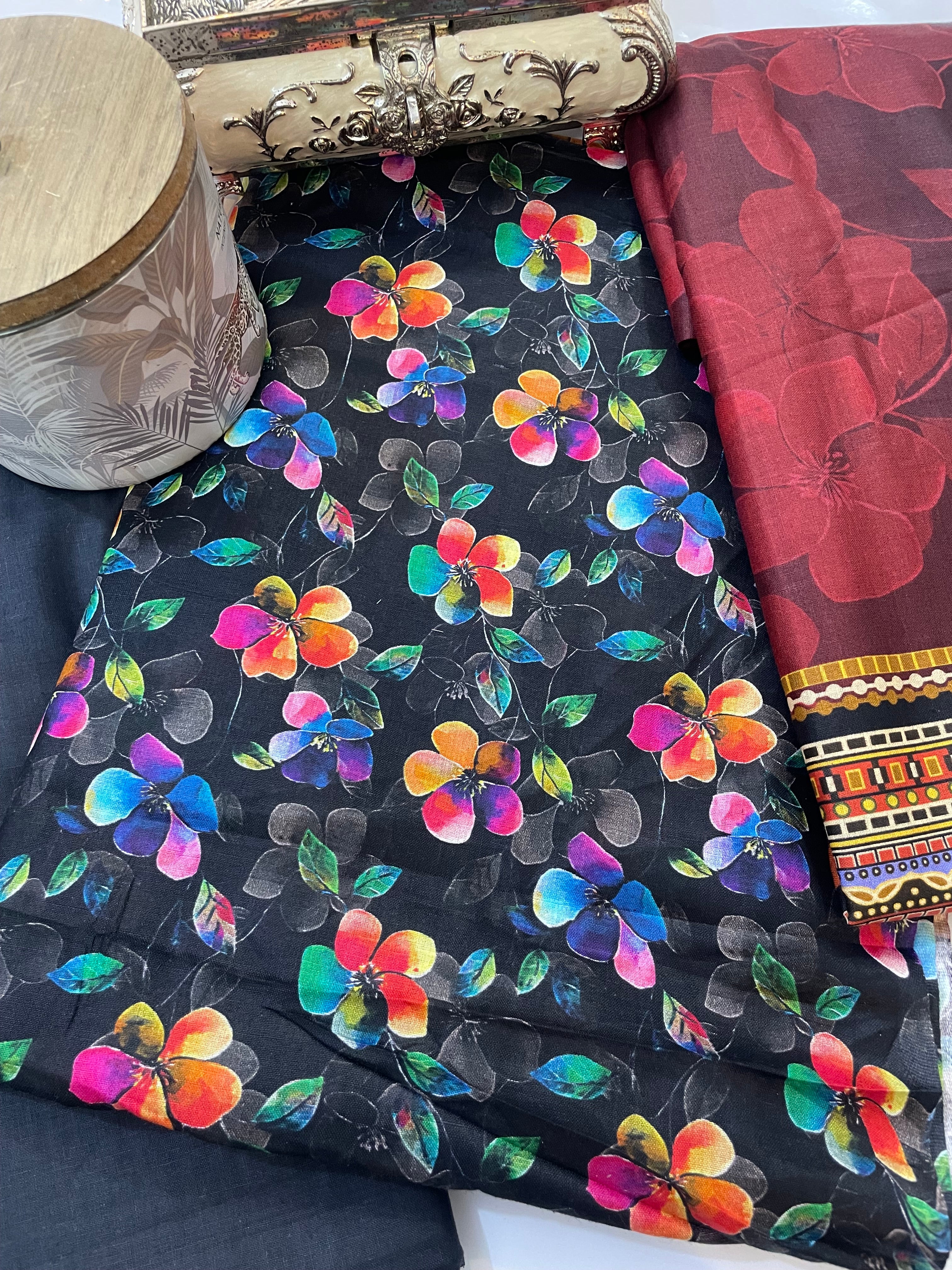 Unstitched 3pcs Lawn printed Collection black flower