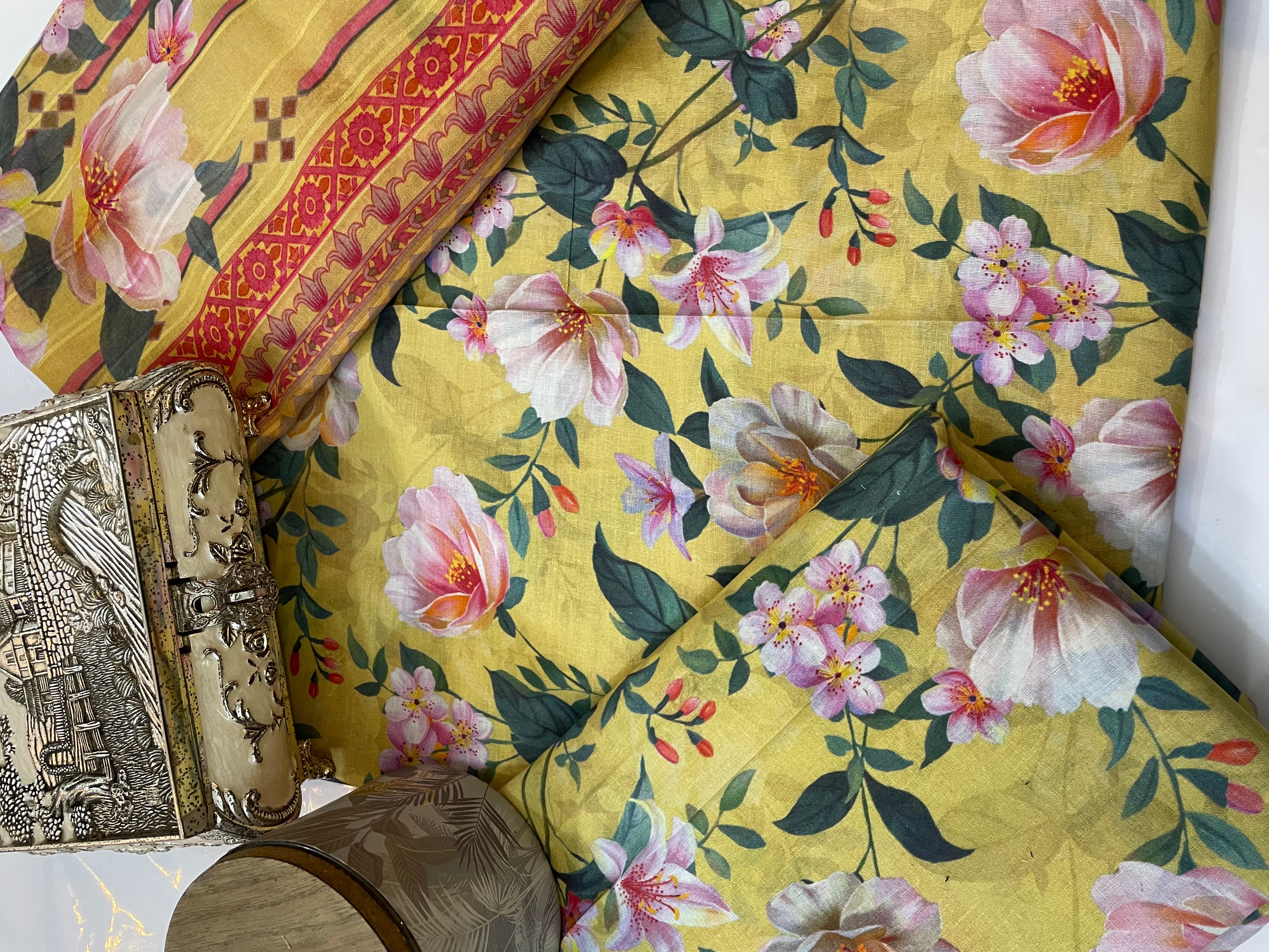 Unstitched 3pcs Lawn printed Collection yellow