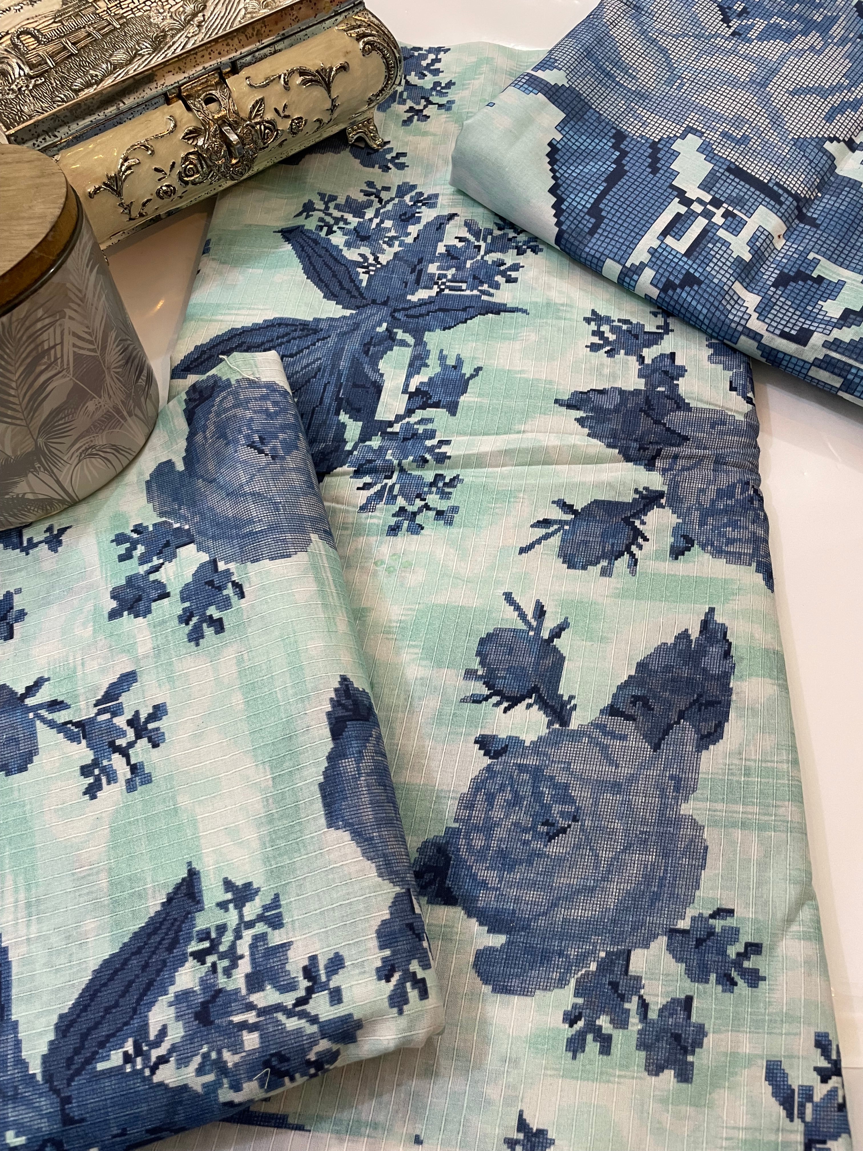 Unstitched 3pcs Lawn printed Collection white blue flower