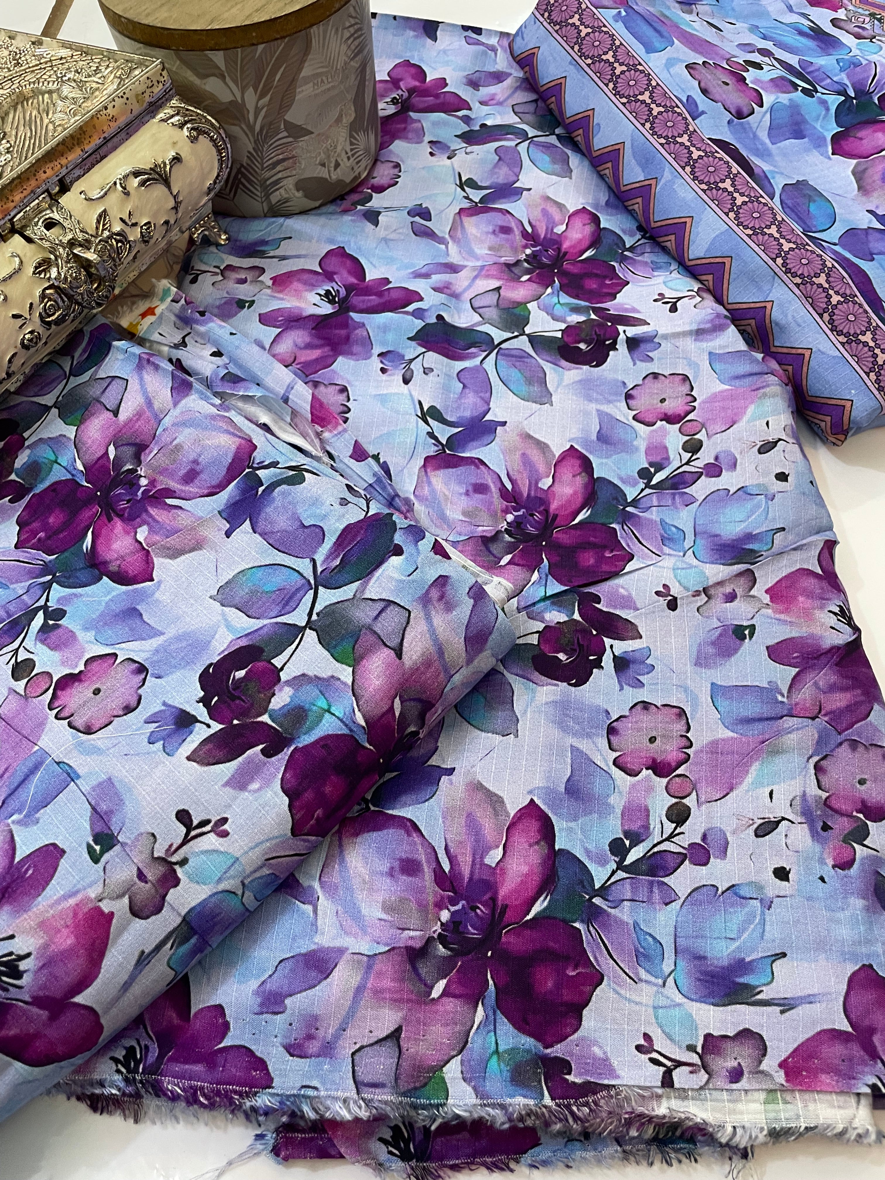 Unstitched 3pcs Lawn printed Collection purple