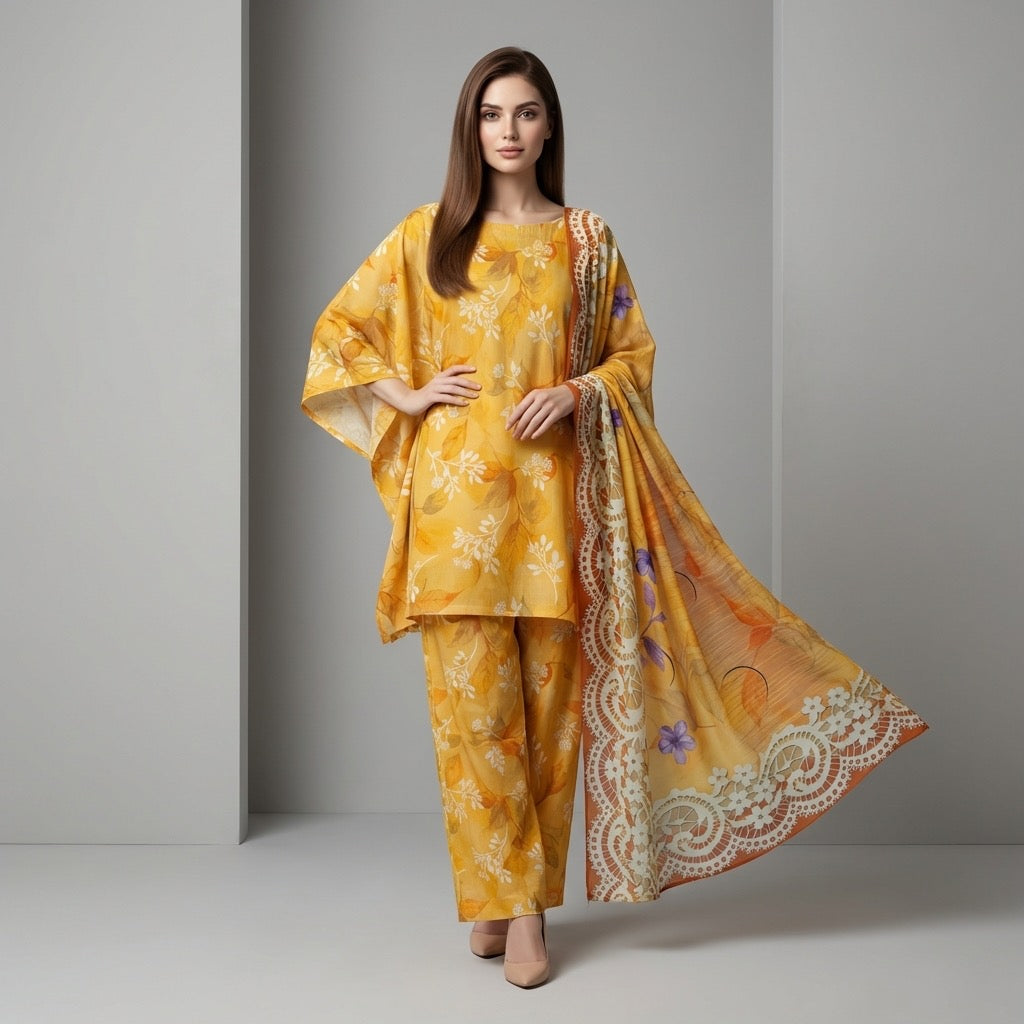 Unstitched 3pcs Lawn printed Collection yellow flower