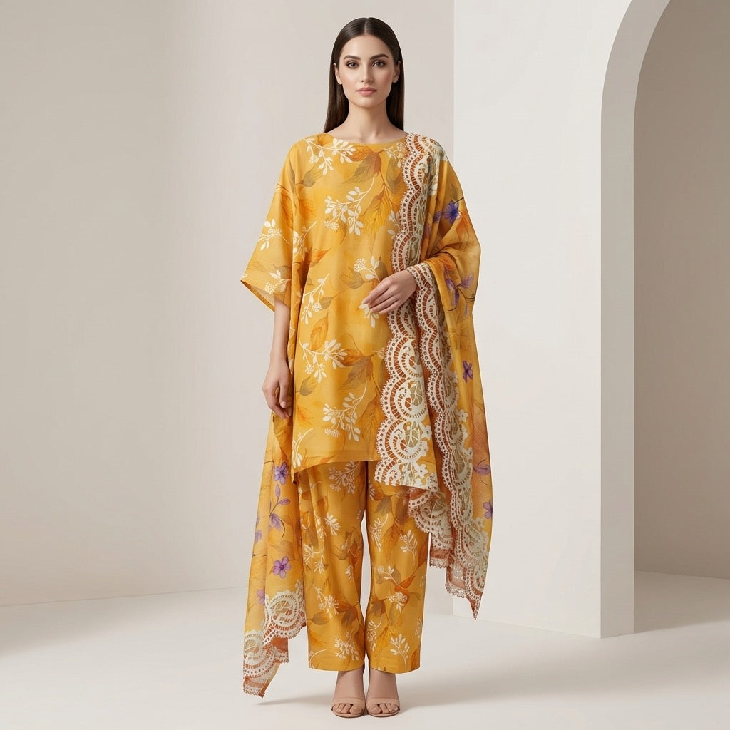 Unstitched 3pcs Lawn printed Collection yellow flower