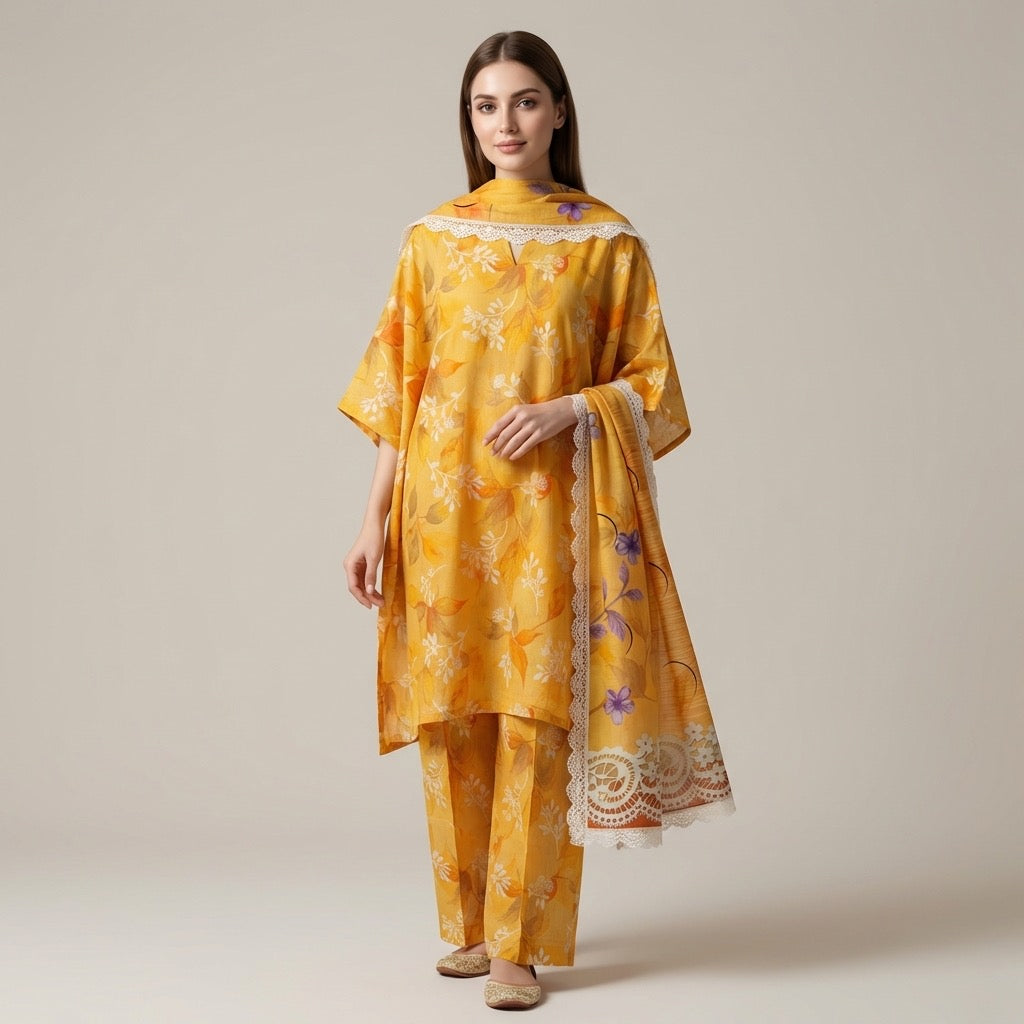 Unstitched 3pcs Lawn printed Collection yellow flower