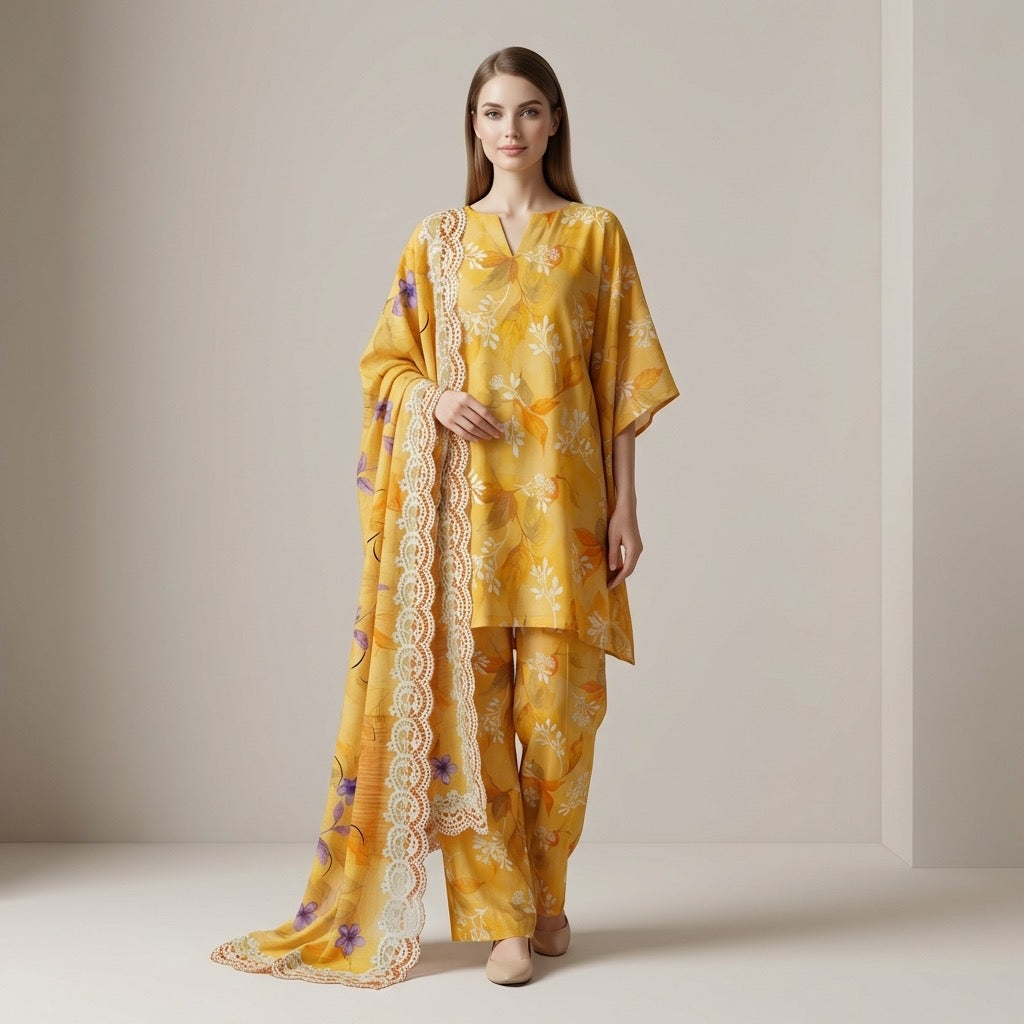 Unstitched 3pcs Lawn printed Collection yellow flower
