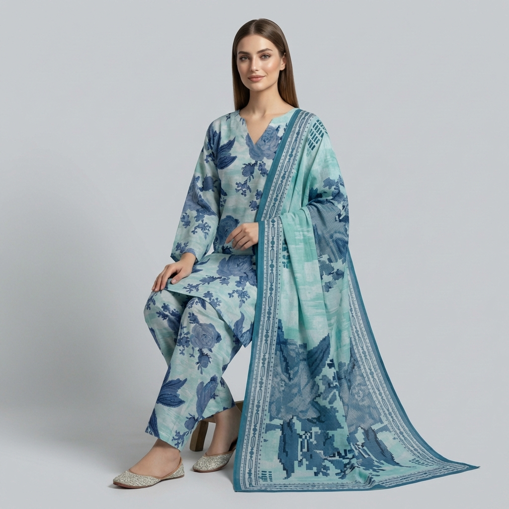 Unstitched 3pcs Lawn printed Collection blue